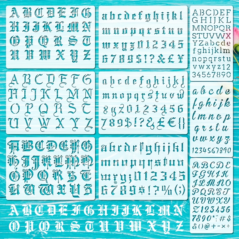 

A5 Lettres Anglaises Pochoirs pour Journal, 9pièces Pochoirs Alphabet , Plastique Vintage Ancien Lettre Numéro Modèles pour Caisse de Rangement Carnet de Notes Journal Toile Décoration DIY Art Craft