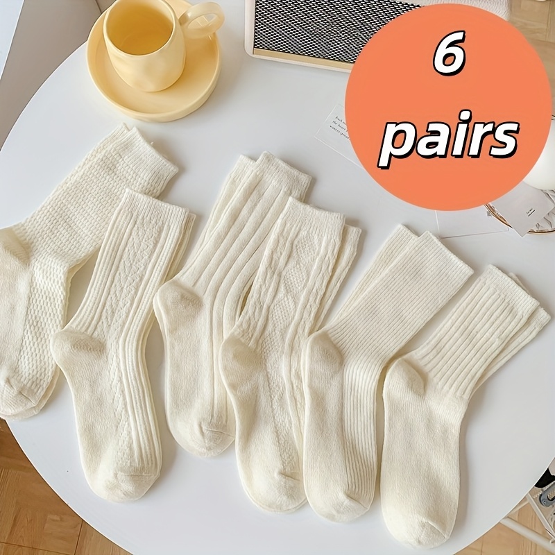 TEMU 6 Pairs Of Beige Women's Slouch Socks Autumn And Winter Stockings Indoor And Outdoor Dual-use Mid-tube Length Suitable For Daily Wear Soft And