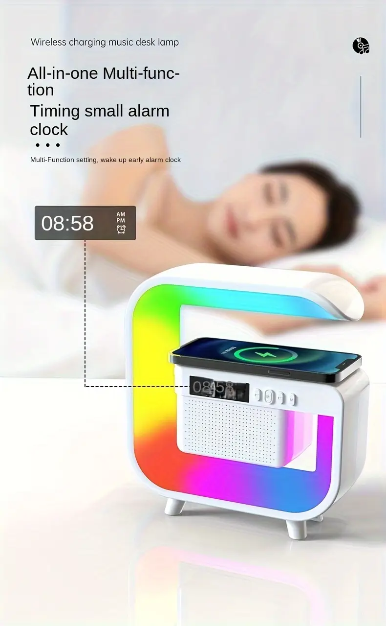 new 4 in 1 wireless charging speaker colorful led desk lamp wireless charging wireless speaker multi functional hifi speaker heavy bass speaker time alarm clock tf card speaker details 4