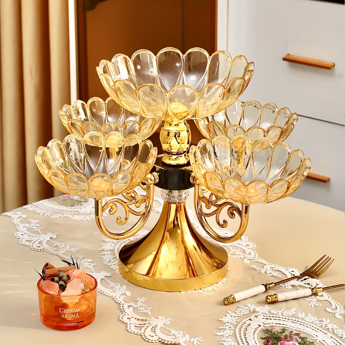 1set Plastic Household Living Room Crystal Fruit Tray, Rotating Fruit Tray, Storage Tray