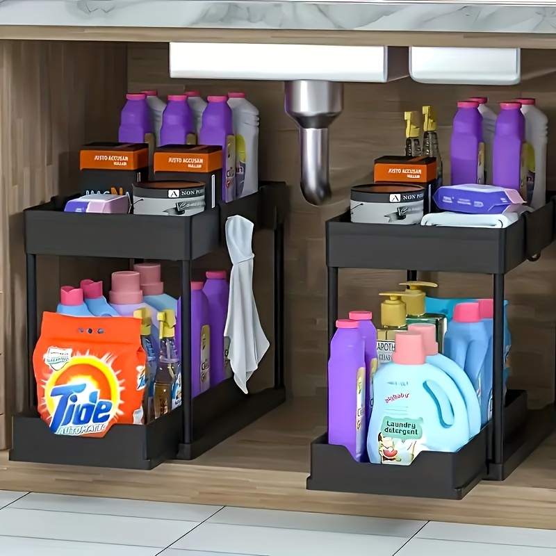 TEMU Organisateur de Lavabo Multifonction Extensible et Rangement, Adapté pour Salle de Bain et Cuisine, Panier de Placard Coulissant à 2 Niveaux,