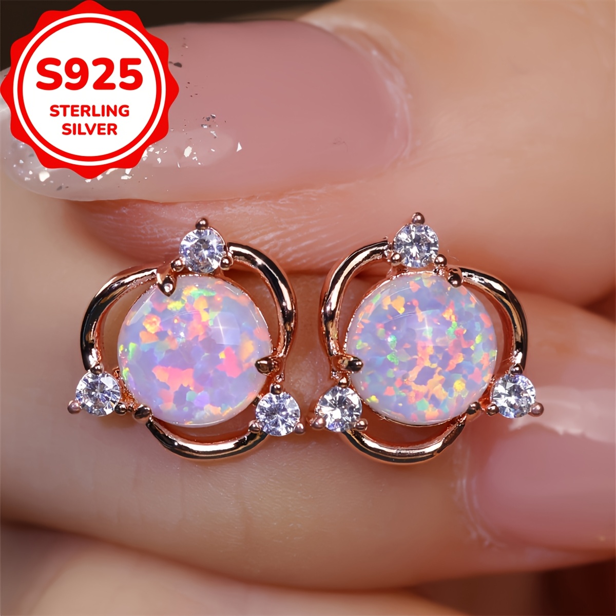 E-shop Ein Paar Edelsterling S925 Exquisite Ohrstecker Schmuck Verziert mit Opal und kleinem Blumendesign Eleganter Klassischer Stil