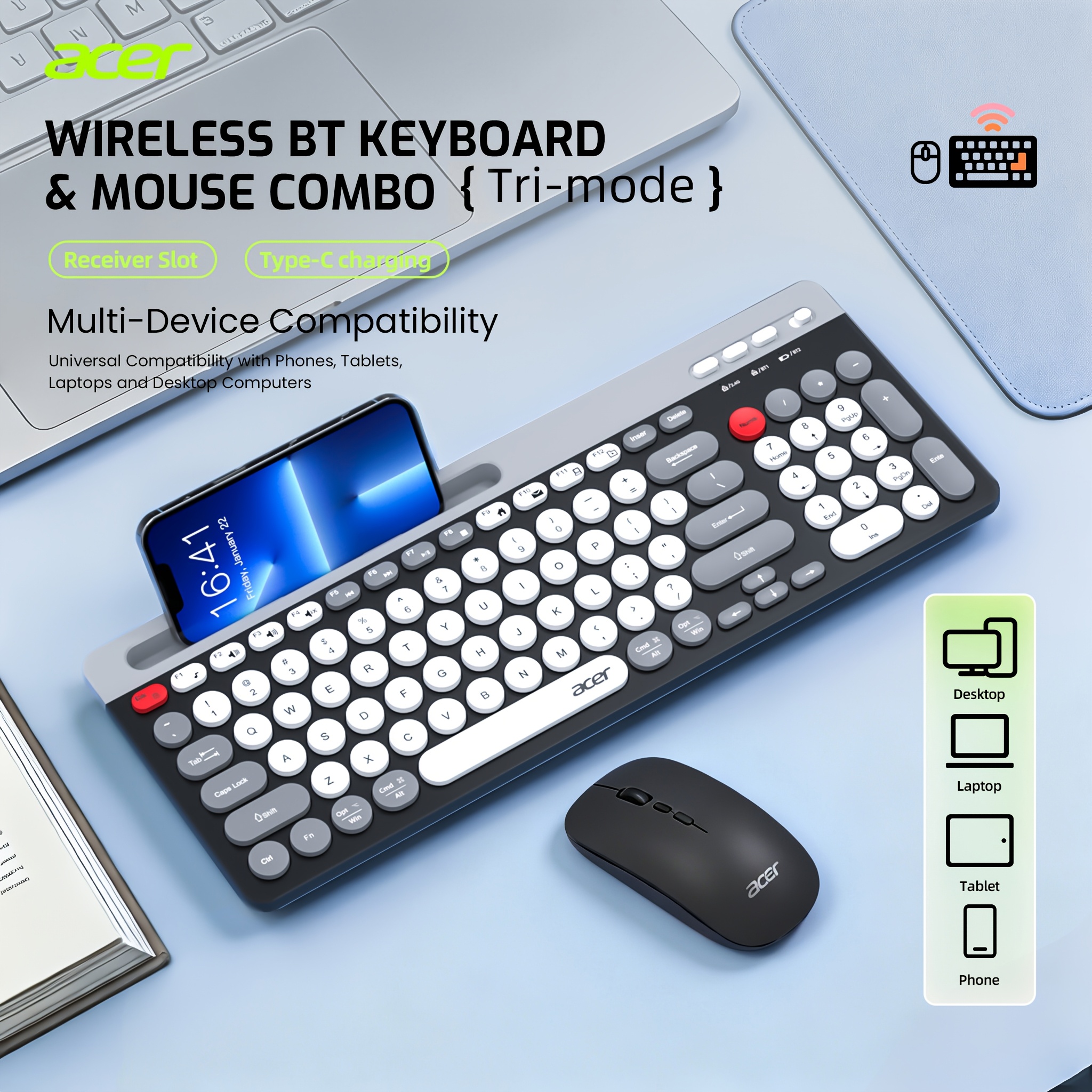 Image of Acer Combo, English Layout, 96-key , 2.4g + Bluetooth , Lightweight Silent Typing, Three- Options: Gray/black Gray, Wireless Optical Mouse, Suitable For Pc