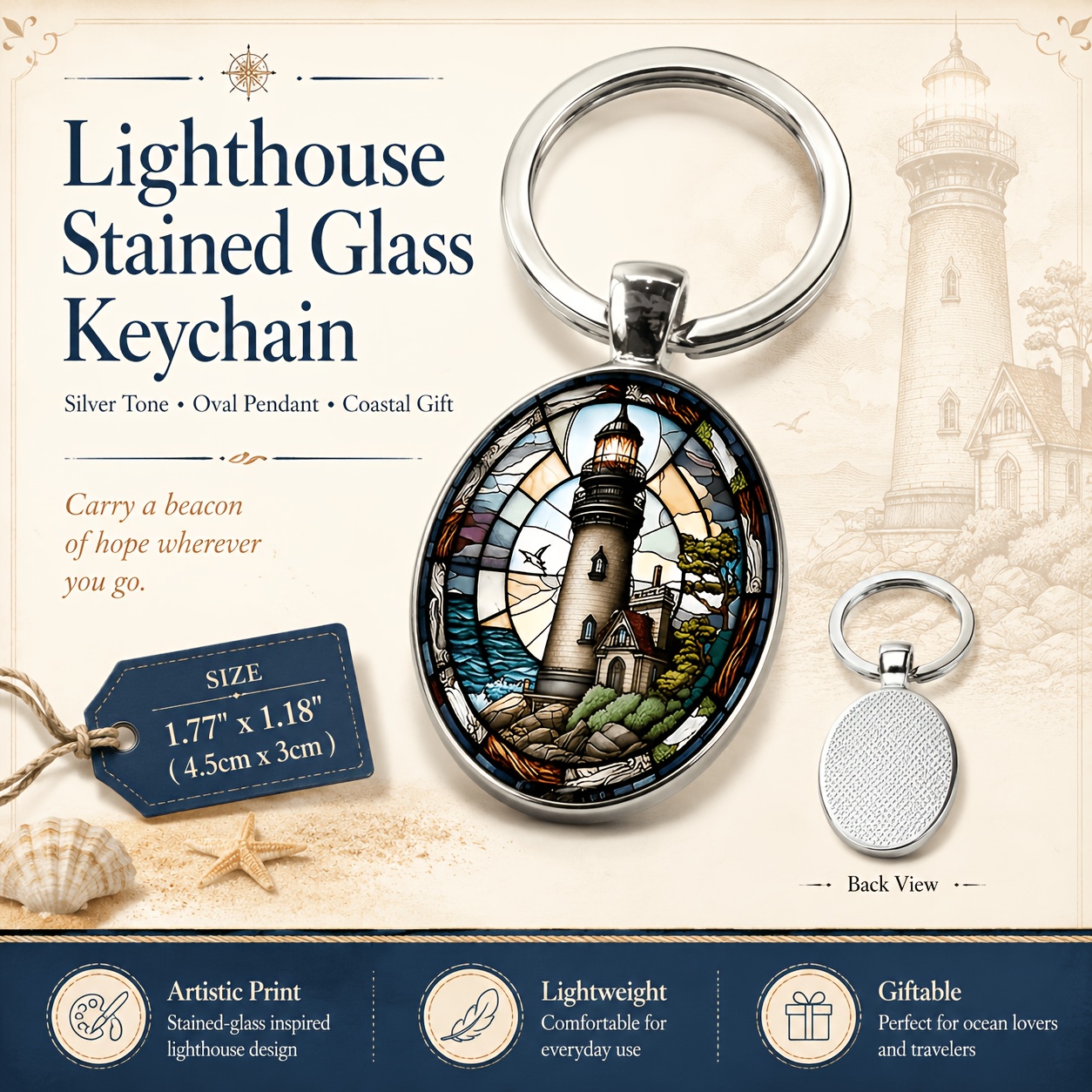 TEMU 1pc Fashionable And Elegant Lighthouse Pattern Oval Alloy Glass Keychain, Perfect Accessory For Birthday Gifts And Party Celebrations