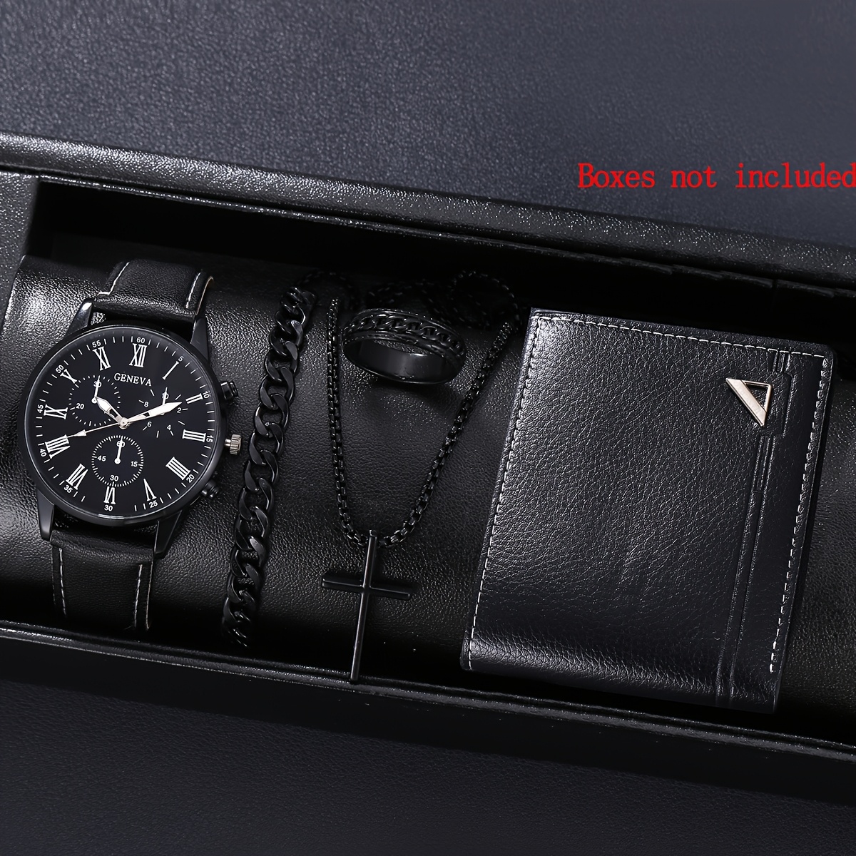 Un conjunto de 5 relojes deportivos de cuarzo para hombre, anillos, pulseras, collares cruzados y carteras, ideales para el uso diario o como regalos de vacaciones.