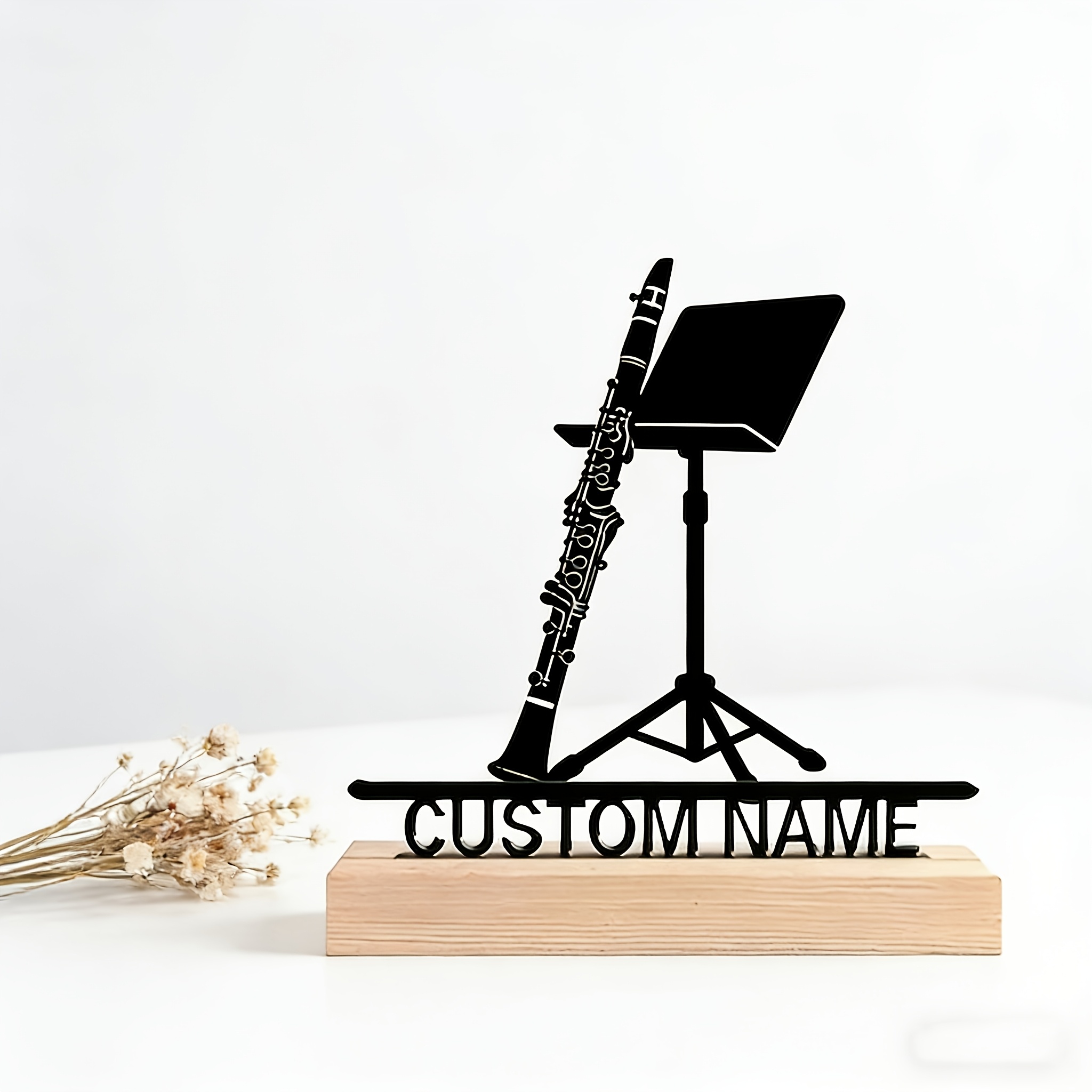 TEMU Decorazione da scrivania per clarinetto in metallo con taglio laser personalizzato, supporto per spartiti con personalizzato e base in legno,
