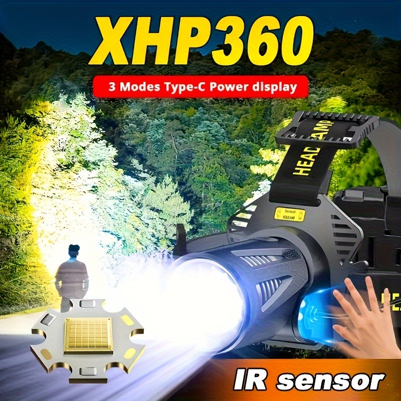 TEMU Wuzhishang Xhp360 Rechargeable Headlamp, 6000mah Aluminum Alloy, 90° Adjustable Beam, 3 , Type-c Rechargeable, Led Headlight For Camping