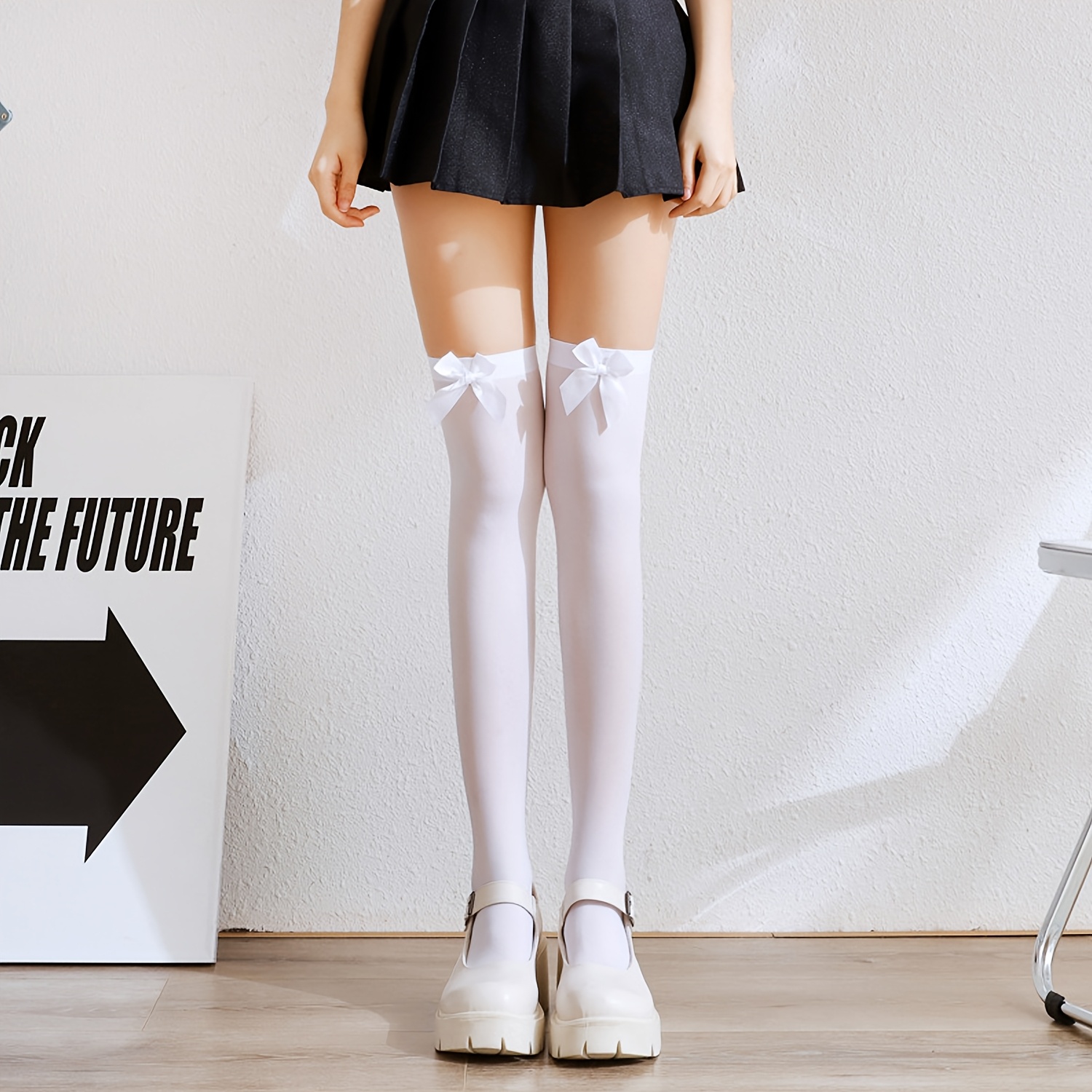 TEMU Opaque Thigh-high Socks With Bow Decorations, Easy Knee-high Socks In A Style, Women's Long Stockings And Socks