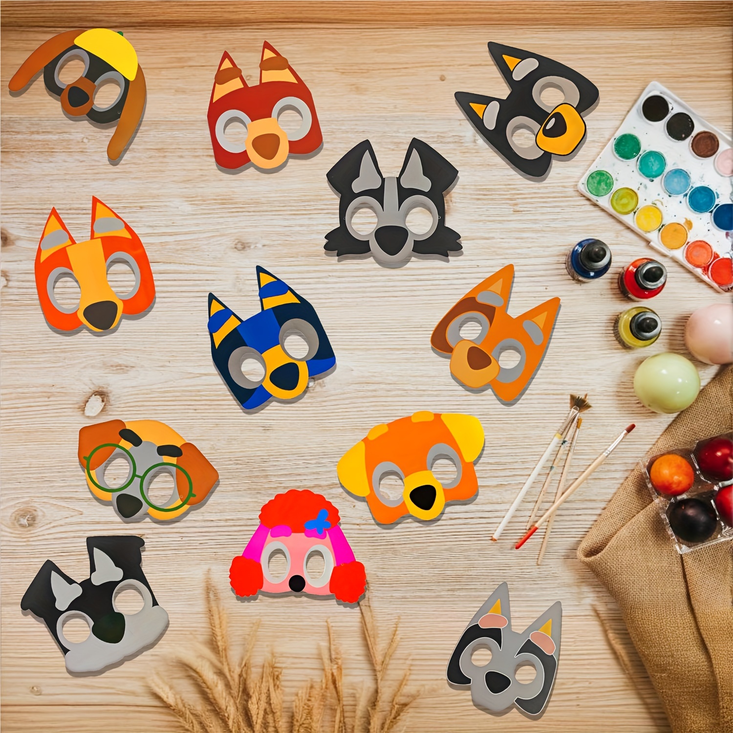 

12pcs Cartoon Dog Themed Paper Masks For Parties & Birthdays - Rustic Country Style Animal Role Play Accessories