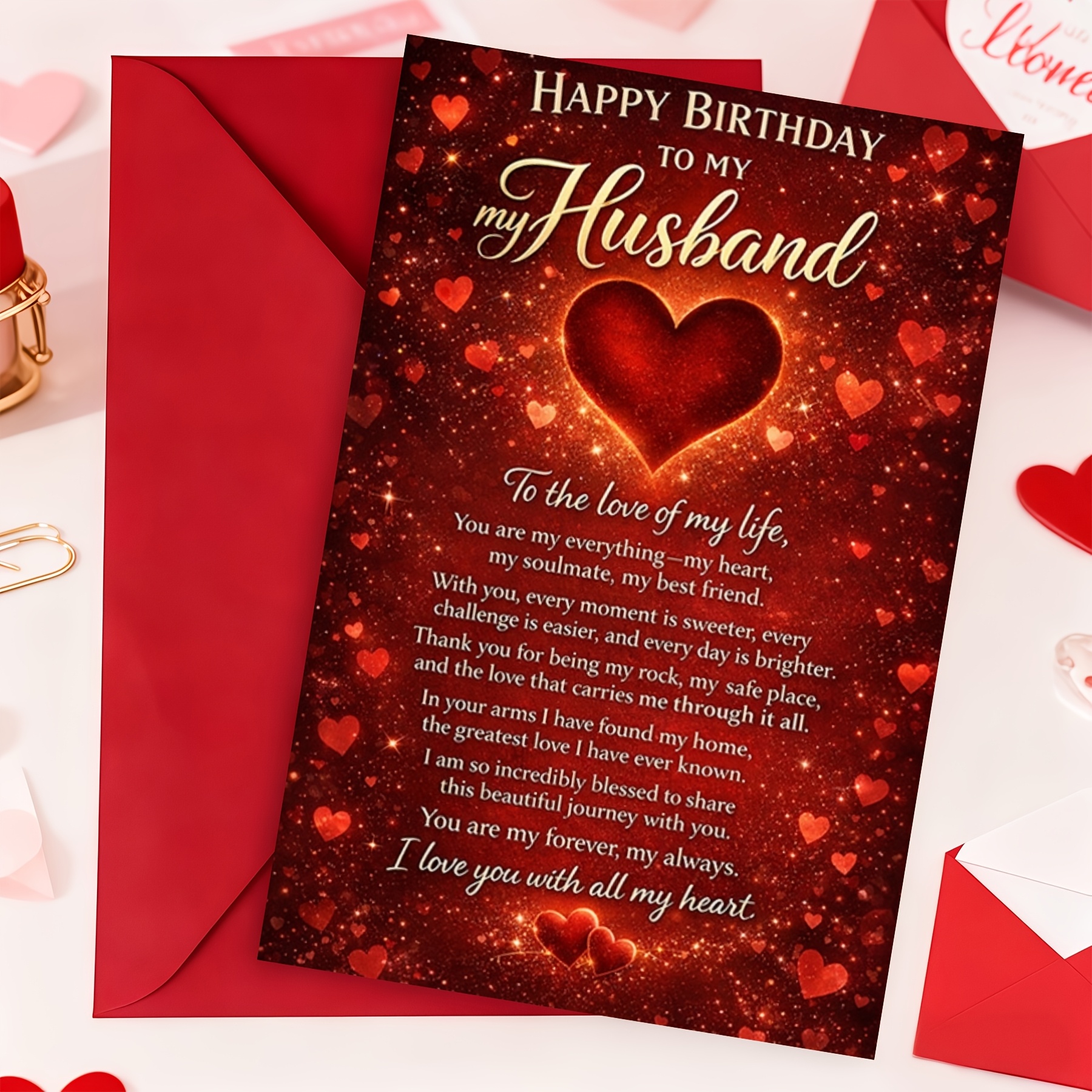 TEMU "happy Birthday To My Husband" Romantic Birthday Card, Red & Design Love Quote Card With Envelope, Greeting Card