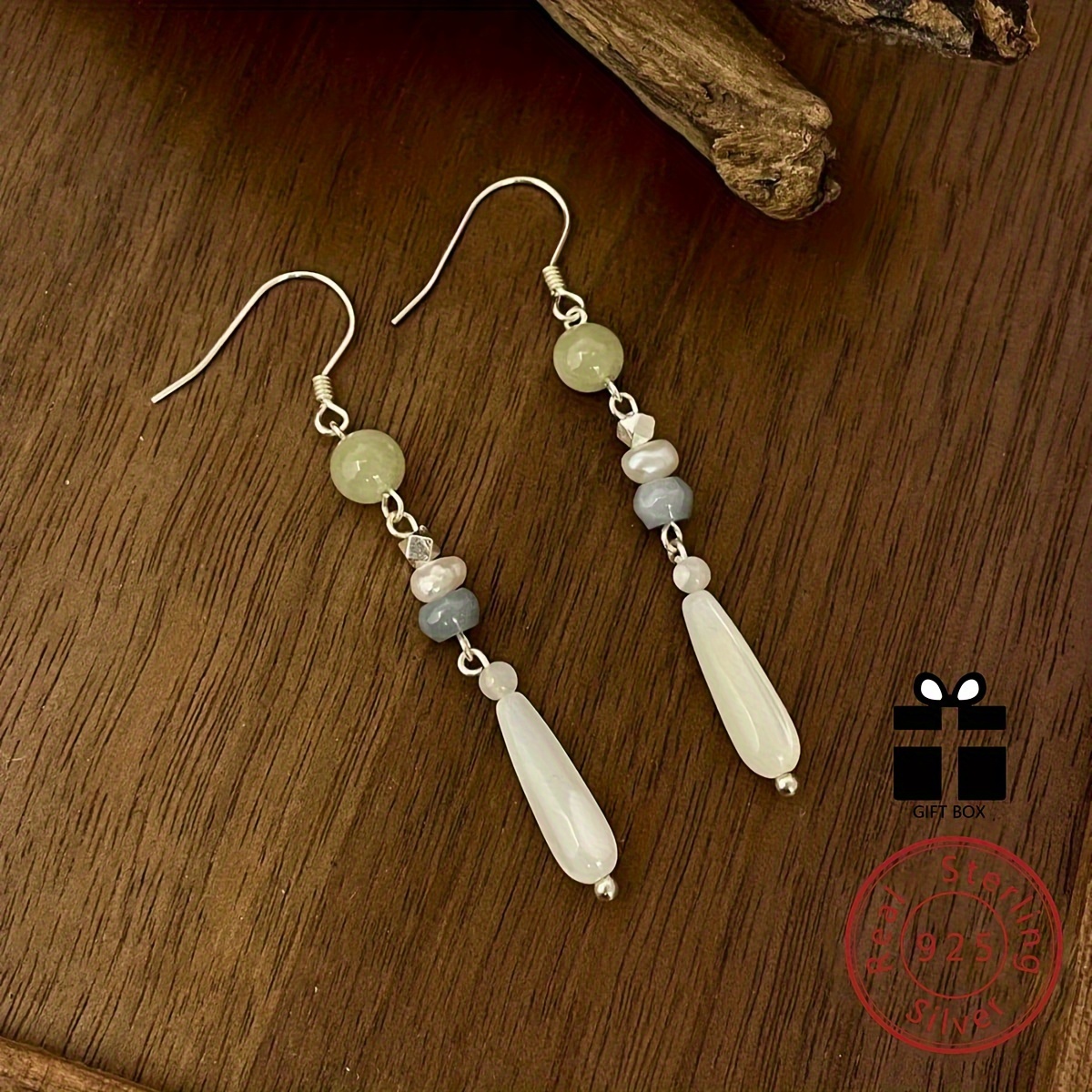 Image of 1 Pair Fashion New Chinese Style 925 Sterling Silver Natural Stone White Beige Earrings | Suitable For Women' Wear And Banquet Occasions, Essential Gift , Original Handmade Design, Quality Jewelry