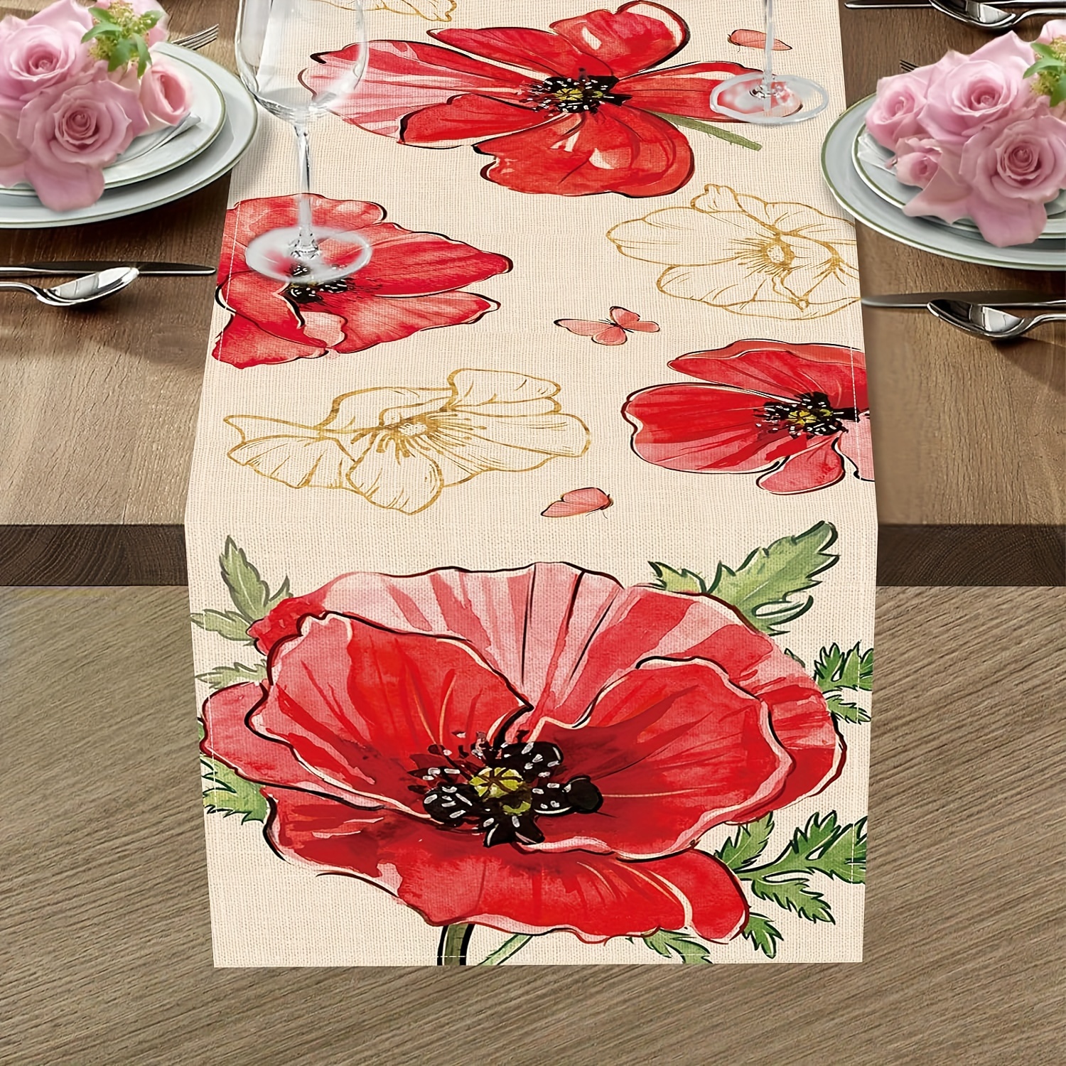 Nappe De Table Ovale – Fleur Florale Rouge – Broderie Ajourée – Chemin De Table – Déco Champêtre