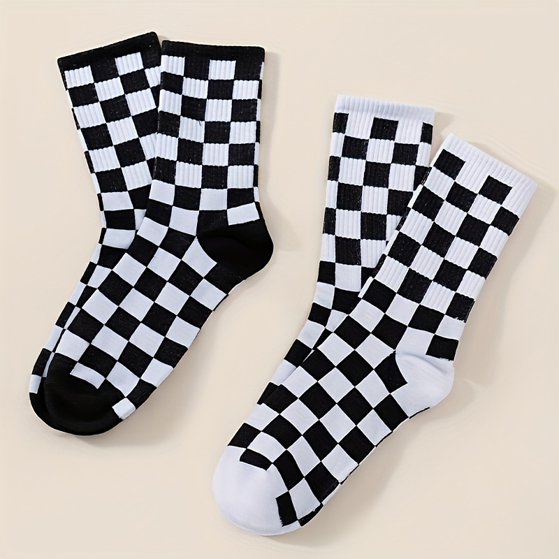 TEMU Unisex Black And White Checkered/ Versatile Comfortable Casual Long Socks