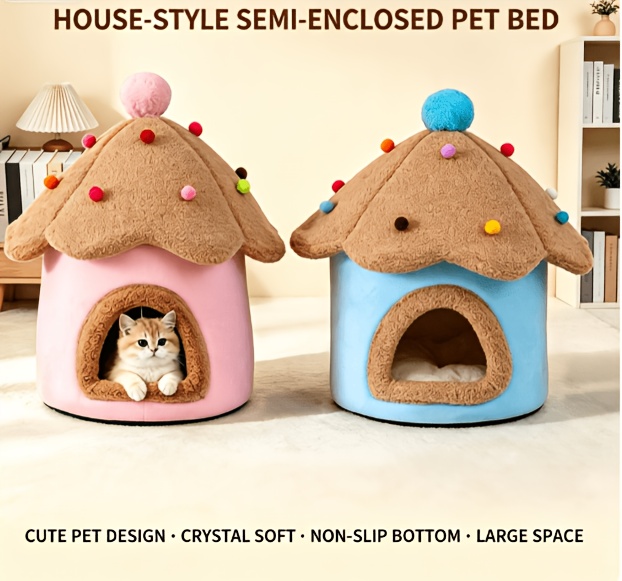 cute shaped house pet nest   enclosed cat villa cat hideaway shelter warm closed pet bed for winter suitable for cats small dogs Product details 3