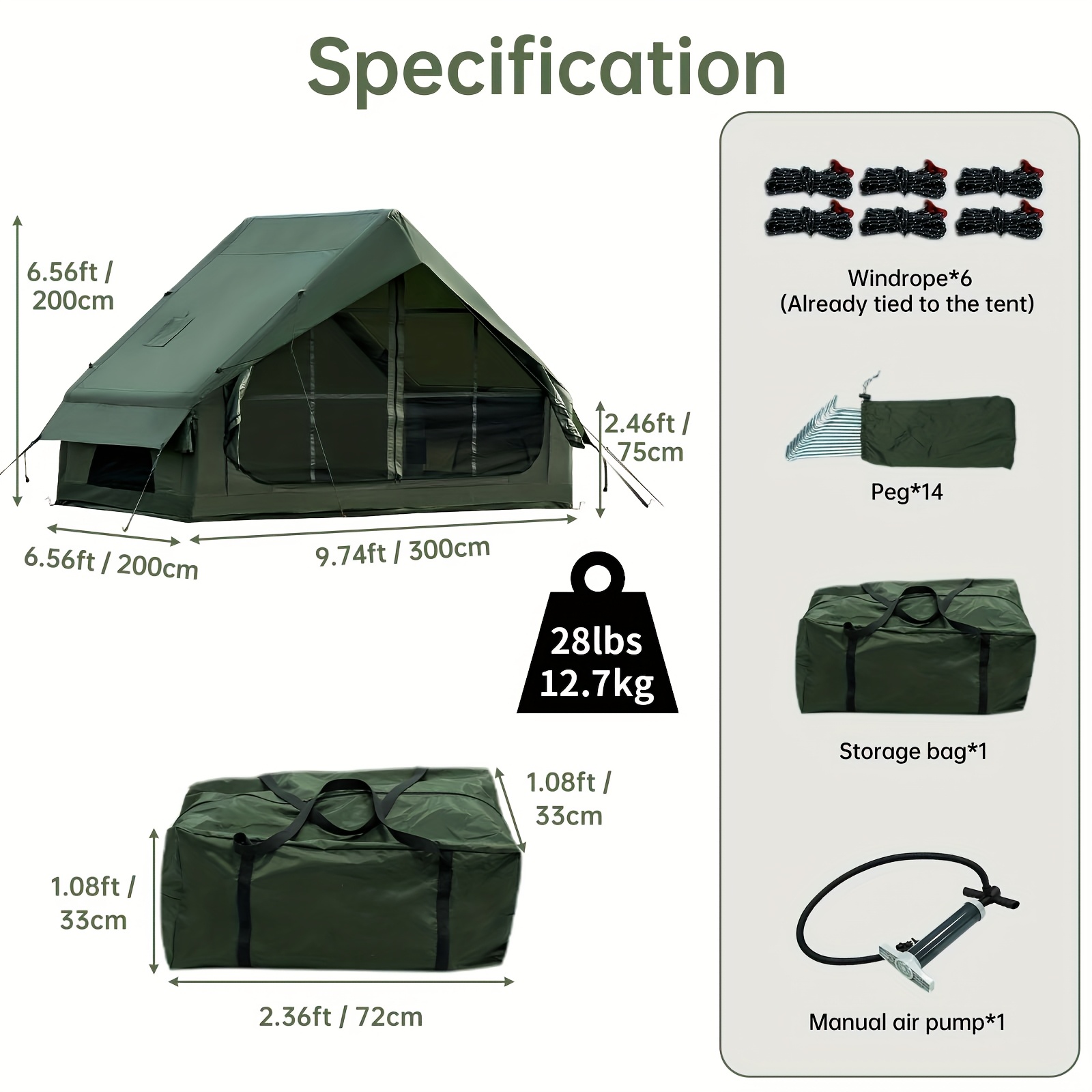 Inflatable Tent with Stove Jack for 3-4 Person, All-Season Self-Supporting Air Tents, Easy Setup Cabin Camping Tent with Mesh Windows for Outdoor, Family Camping