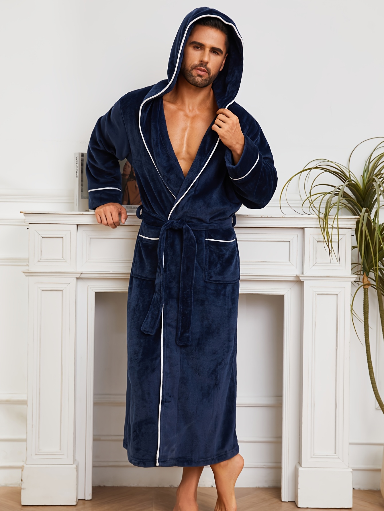 1pc luxurious plush fleece bathrobe cozy thick double layer hooded lounge wear with pockets machine washable ideal for autumn winter   navy blue 0