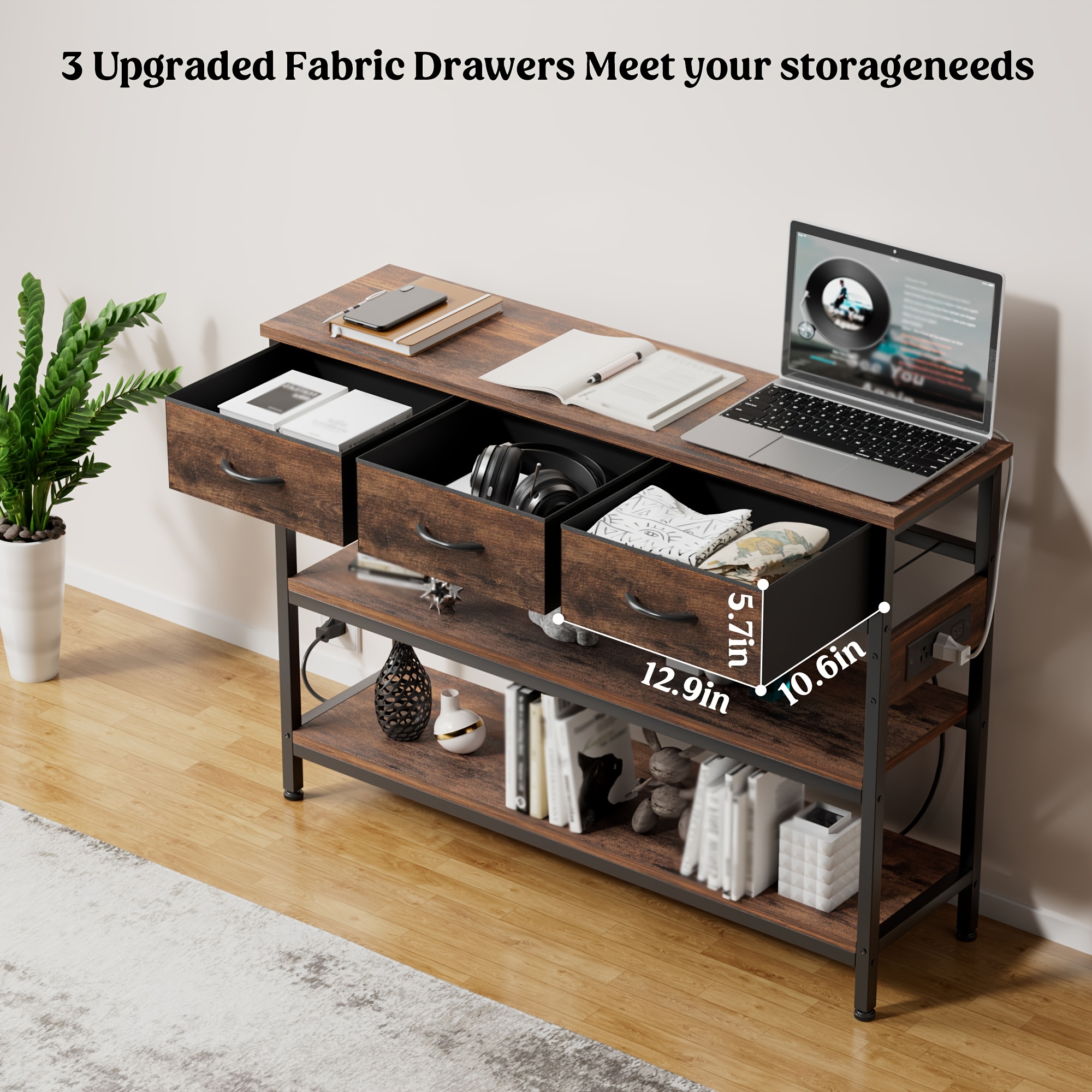 3-Tier Console Table with Charging Station (2 AC Outlets + 2 USB Ports) - Hardwood Entryway Sofa Table with 3 Breathable Fabric Drawers & Open Shelves, Adjustable Feet, Modern Rustic Design for Narrow Spaces, Living Room, Hallway
