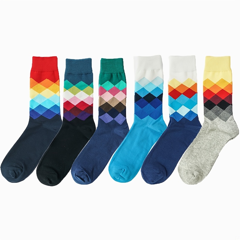 Image of 6-pair Mixed- Novelty Striped Patterned Crew Socks, Breathable And Comfortable For Casual Wear, Unisex, Suitable For Men's Outdoor Wear, British- Gradient Mid-calf Socks