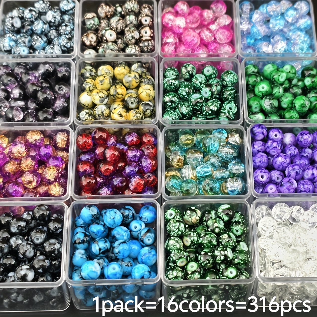 316pcs (316 beads) 8mm large crackled glass seed beads - 16 vibrant colors with individual bead packaging, for   making, necklaces, bracelets, crafts - professional beads for beginners &  , handmade accessories, elegant accents,  , beading supplies, craft enthusiasts 0