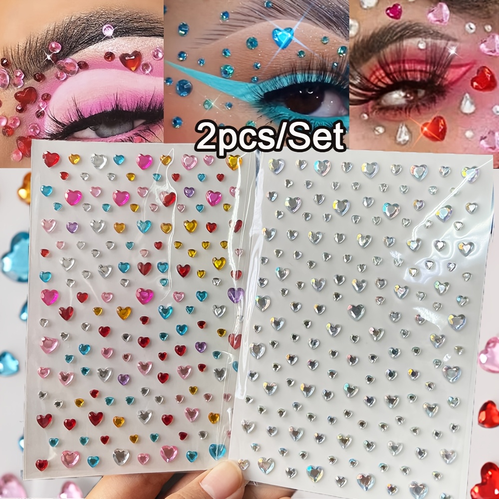 TEMU Set Of 2pcs Of 3d Colorful Aurora Heart-shaped Love Diamond Face Stickers, Perfect For Festival Glitter, Rhinestones, And Makeup Decals