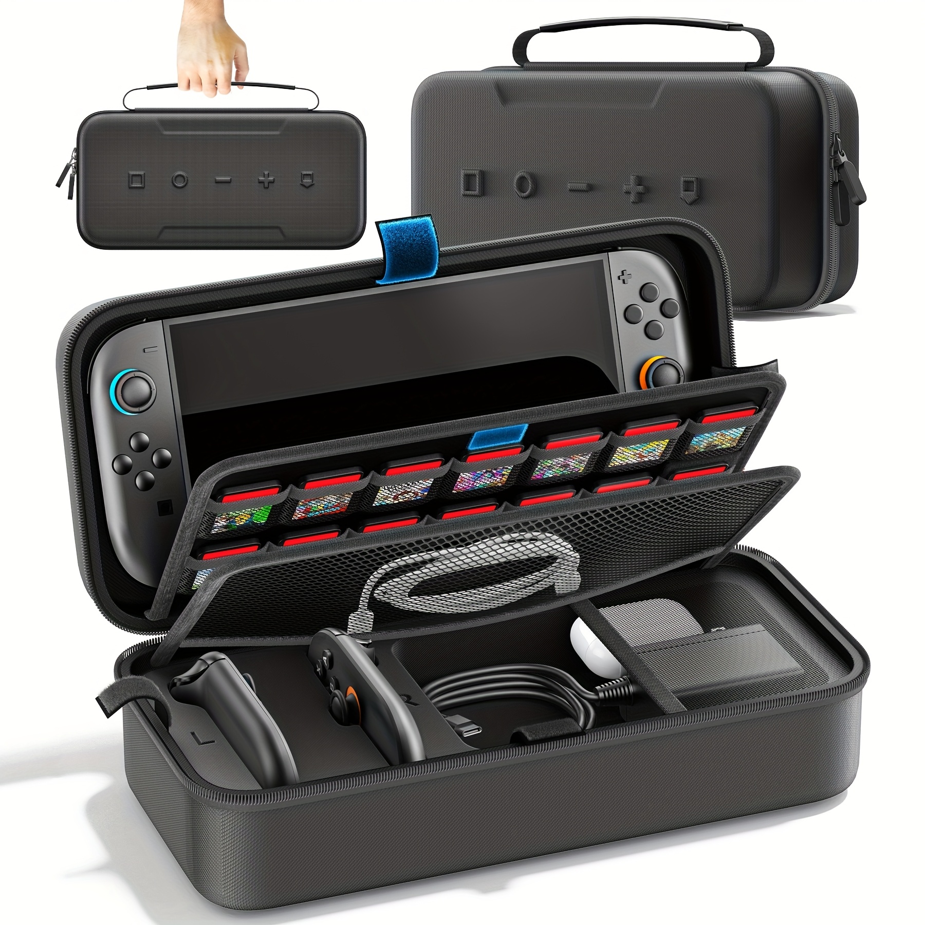 for switch 2 storage bag handle cover compatible with oled console multi functional anti pressure design holds game cards charger headphones tv cable and straps for three of the ns console Product details 1