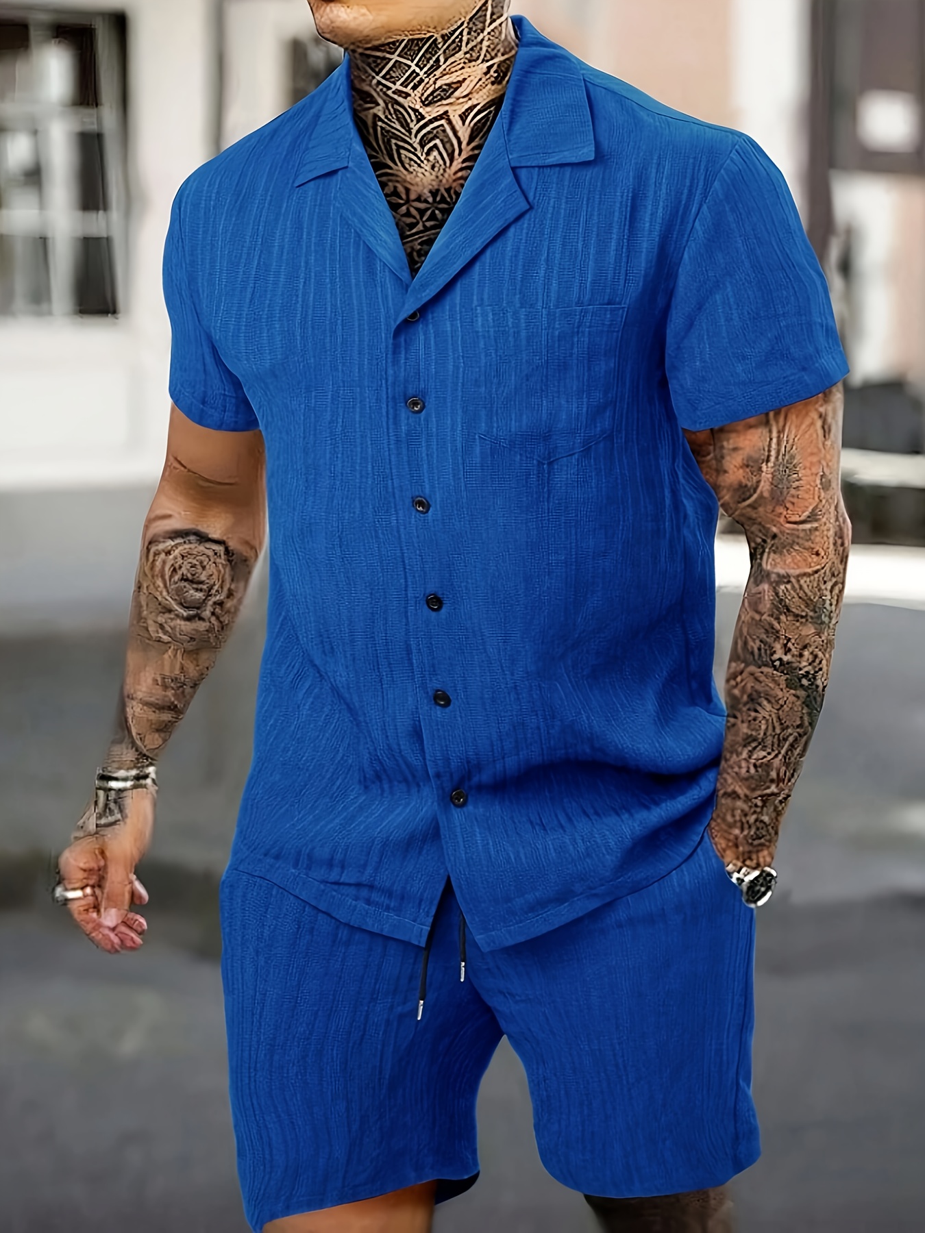 2개 세트 남성용 캐주얼 웨이브 리플 텍스처 패브릭 라펠 포켓 반팔셔츠 & 버뮤다 여름 세트, 캐주얼복, 여행복, 포켓디테일,  쉬운관리, 가벼운소재, 남성 패션, 스타일리시한 남자