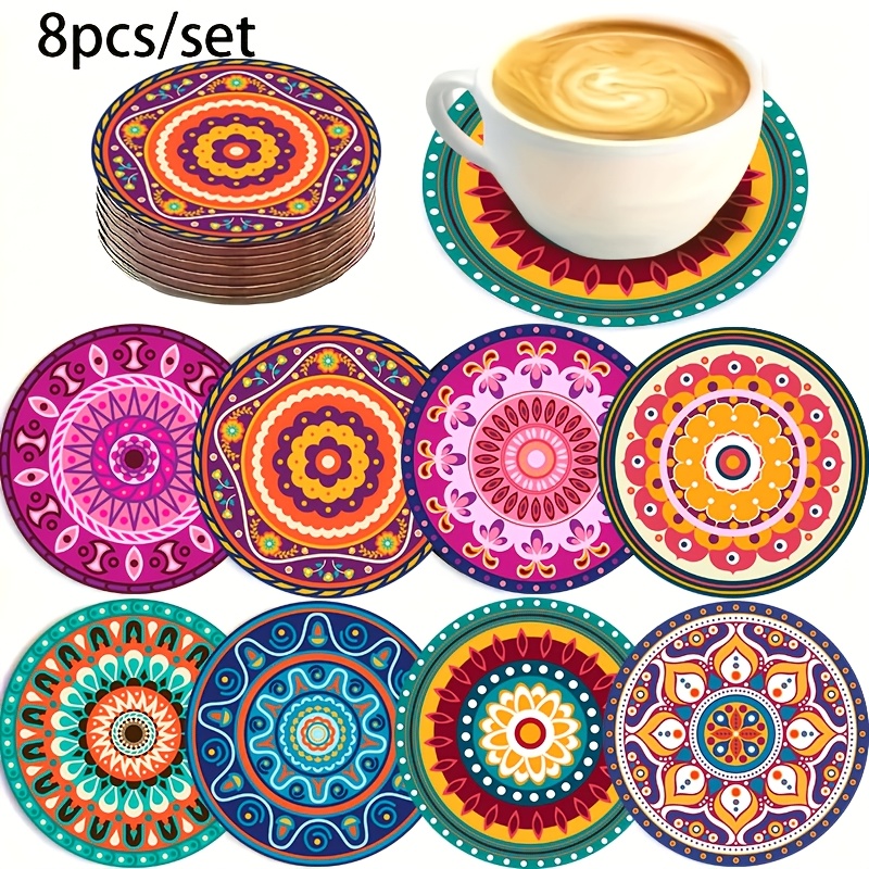 TEMU Vibrant Mandala Coasters - Pack Of 8 Wooden Drink | Heat Resistant Coffee Table Items | Bohemian Kitchen Decoration | For New Homeowners