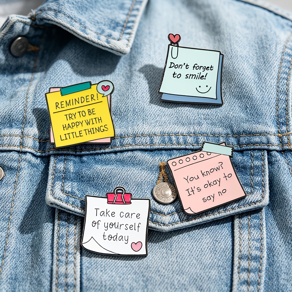 TEMU 4pcs Novelty Positive Affirmation Sticky Note Metal Enamel Pins Set - Cute Self-care Inspirational Quote Theme Brooches For , Novelty Mental