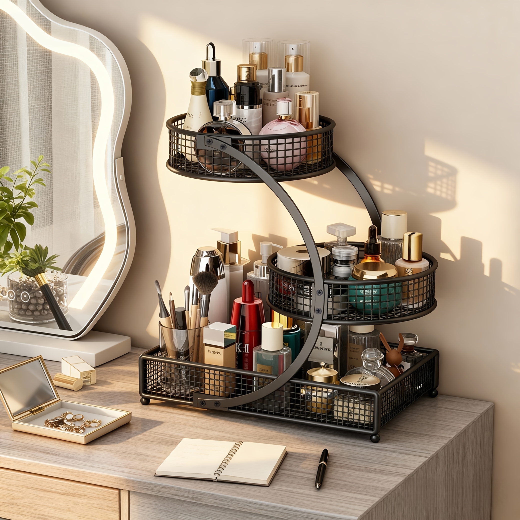 TEMU 2-tier/3-tier Lightweight Metal Cosmetic Organizer With Round Baskets | Welded Construction, Anti-rust Finish, Space-saving Vanity Storage Rack