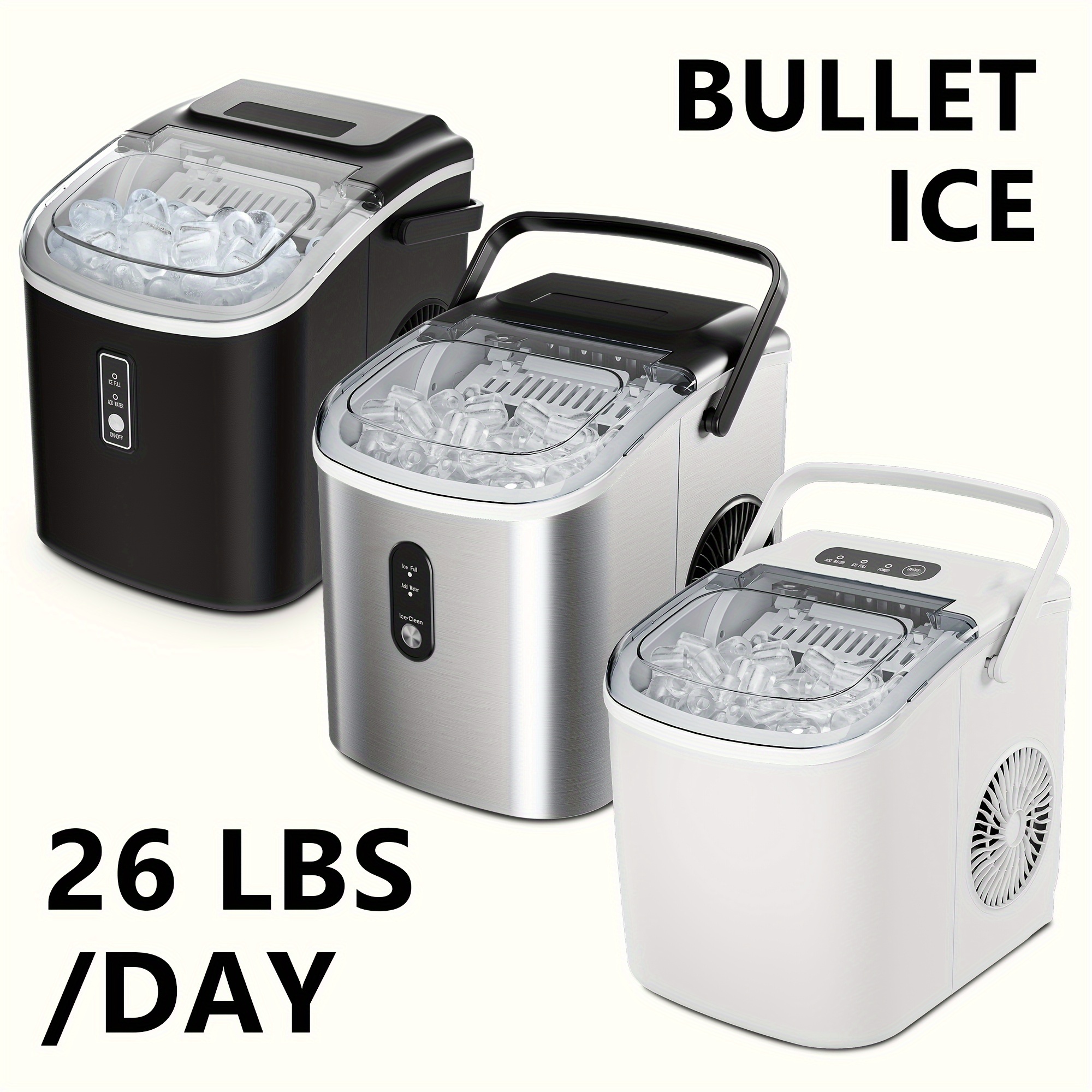 

High-efficiency Ice Maker: 26.5 Daily Capacity, -minute Of 9 Bullet Ice Cubes - Compact And Self-cleaning Design, Ideal For Homes, Kitchens, Rvs, And Parties.