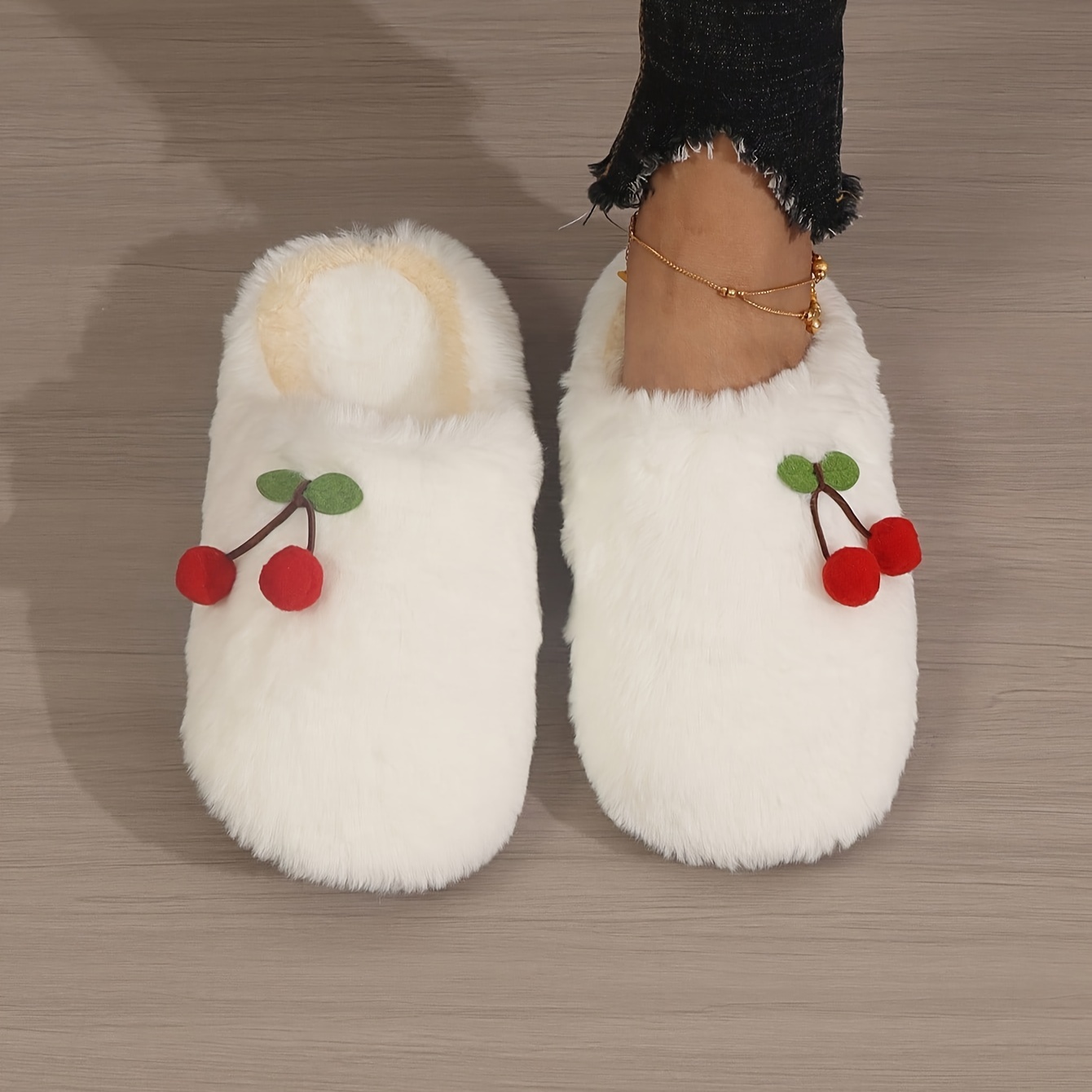 

Women's Fuzzy Cherry House Slippers - Cozy Winter Indoor Slip-on Shoes With Plush Fabric, Hand Washable