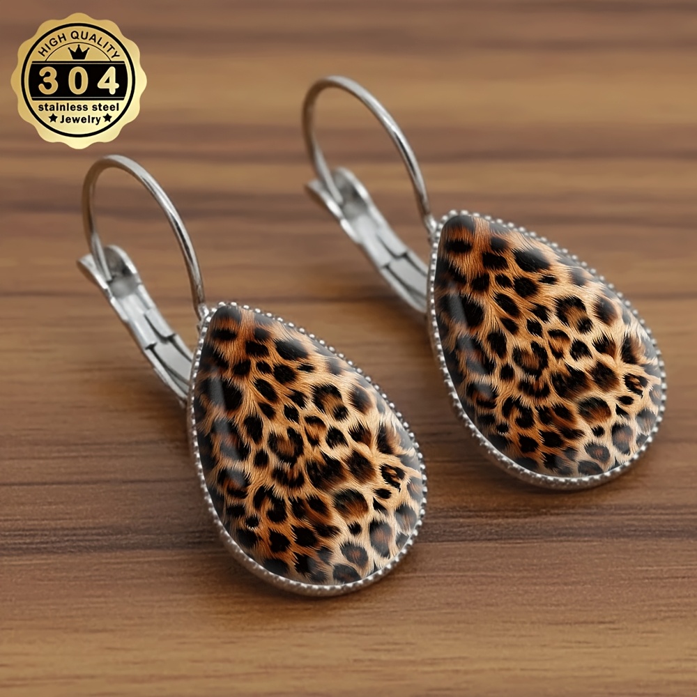 TEMU 1 Pair Of Leopard Print Drop Earrings - 304 Stainless Steel Jewelry, Colorful Design, Holiday Gift, Suitable For Daily Wear All Year Round, For Teenager