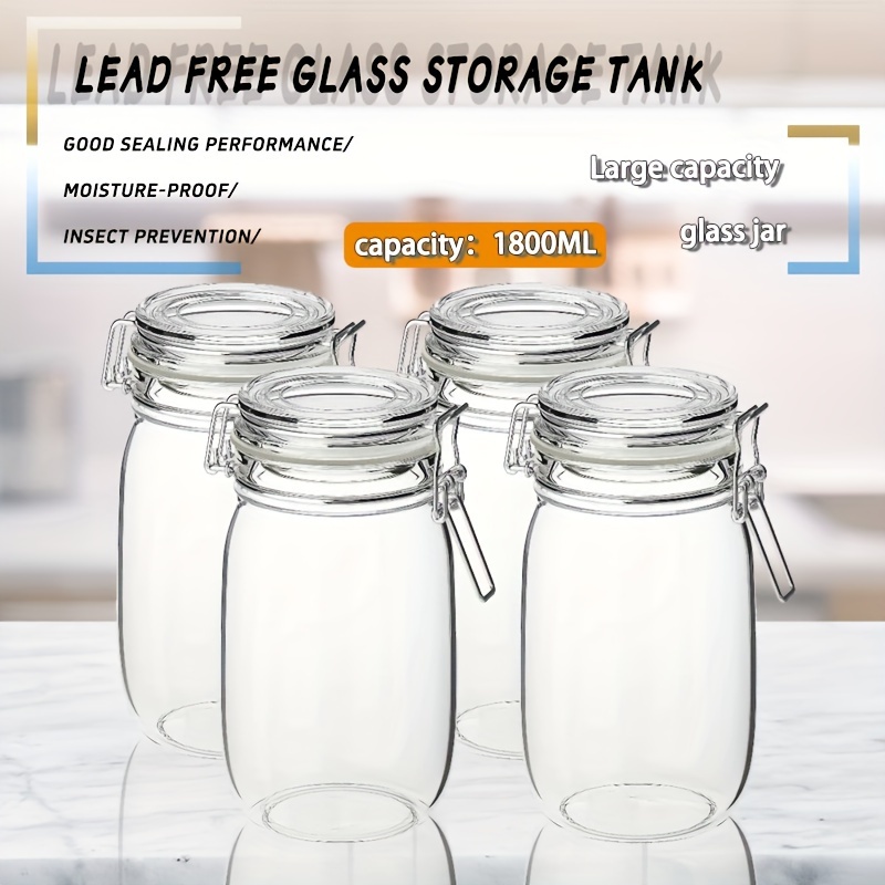 

4pcs 1.8l Glass Food Storage Jars With - Leak-proof, Moisture-proof, Insect Prevention, Hand Wash, Reusable Round Containers For Spices, Cereal, Coffee, Pasta - No Electricity Needed