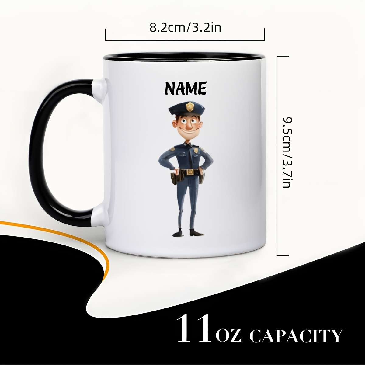 1pc 11oz personalized name custom cartoon police ceramic coffee mug featuring a happy smiling police officer in uniform with badge and hat suitable for daily use or gift desk decor   coffee or tea   adds personality to 1