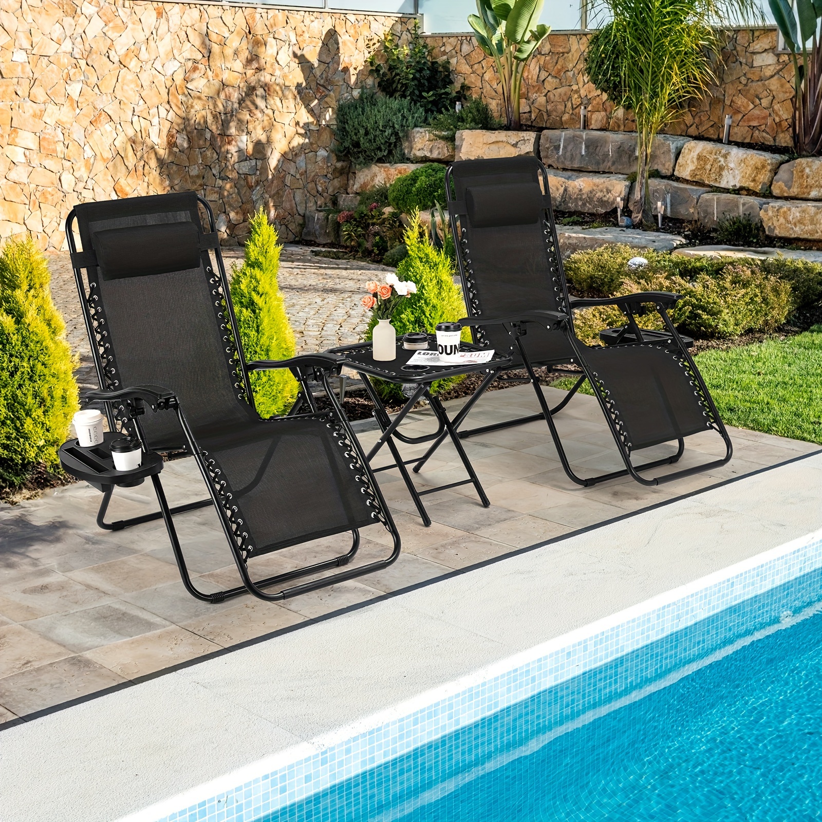 Chaise pliante avec table, chaise longue avec table de côté, chaise de pont avec dossier réglable, chaise de jardin avec porte-gobelet, chaise de jardin respirante, chaise de plage, noir, 2 chaises + 1 table