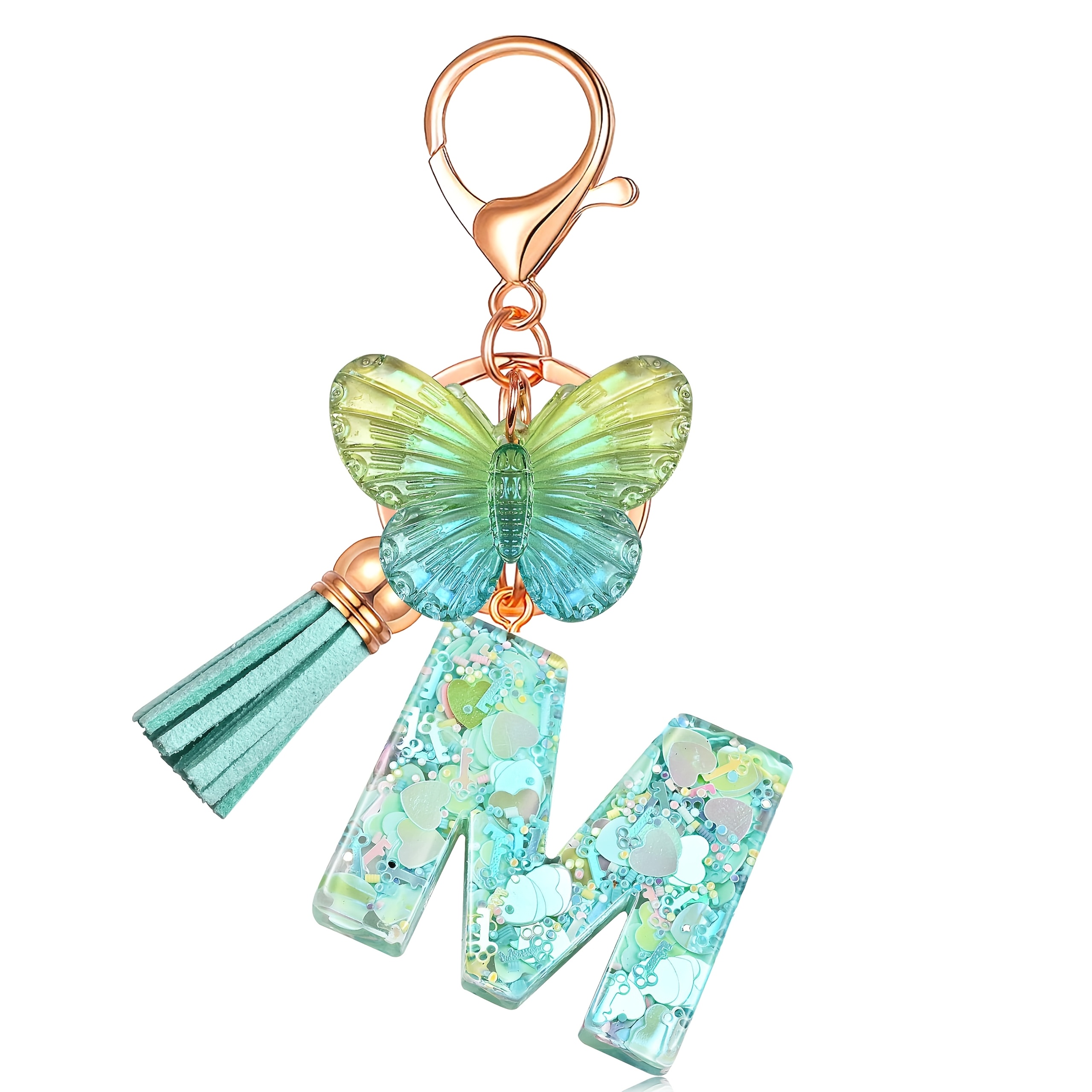 TEMU 1pc Porte-clés transparent vert papillon et pompon avec breloque lettre initiale, porte-clés en résine ABS de D, fermeture à anneau fendu, thème
