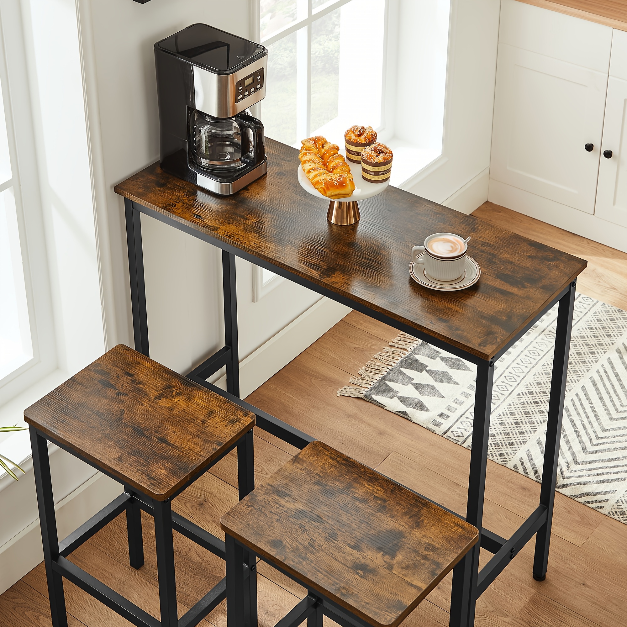 TEMU Dining Table Set, Bar Table And Stools, Table With Bar Stools, 2, Industrial , Rustic Brown And Black