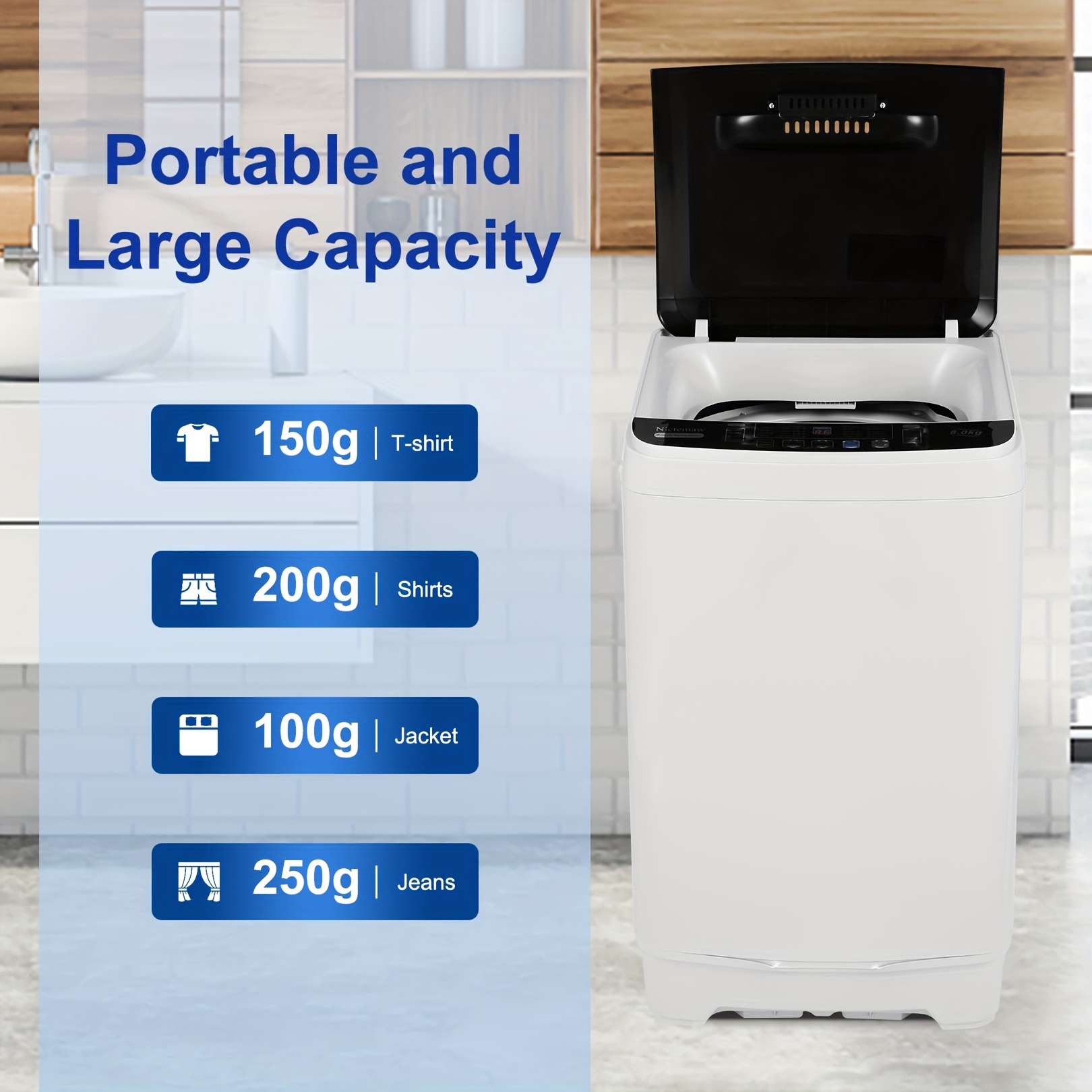 Nictemaw Portable Washing Machine - 17.8lb Capacity, 2.3 Cu.Ft, 10 Programs, Drain Pump, Compact For Apartments, Dorms, RVs