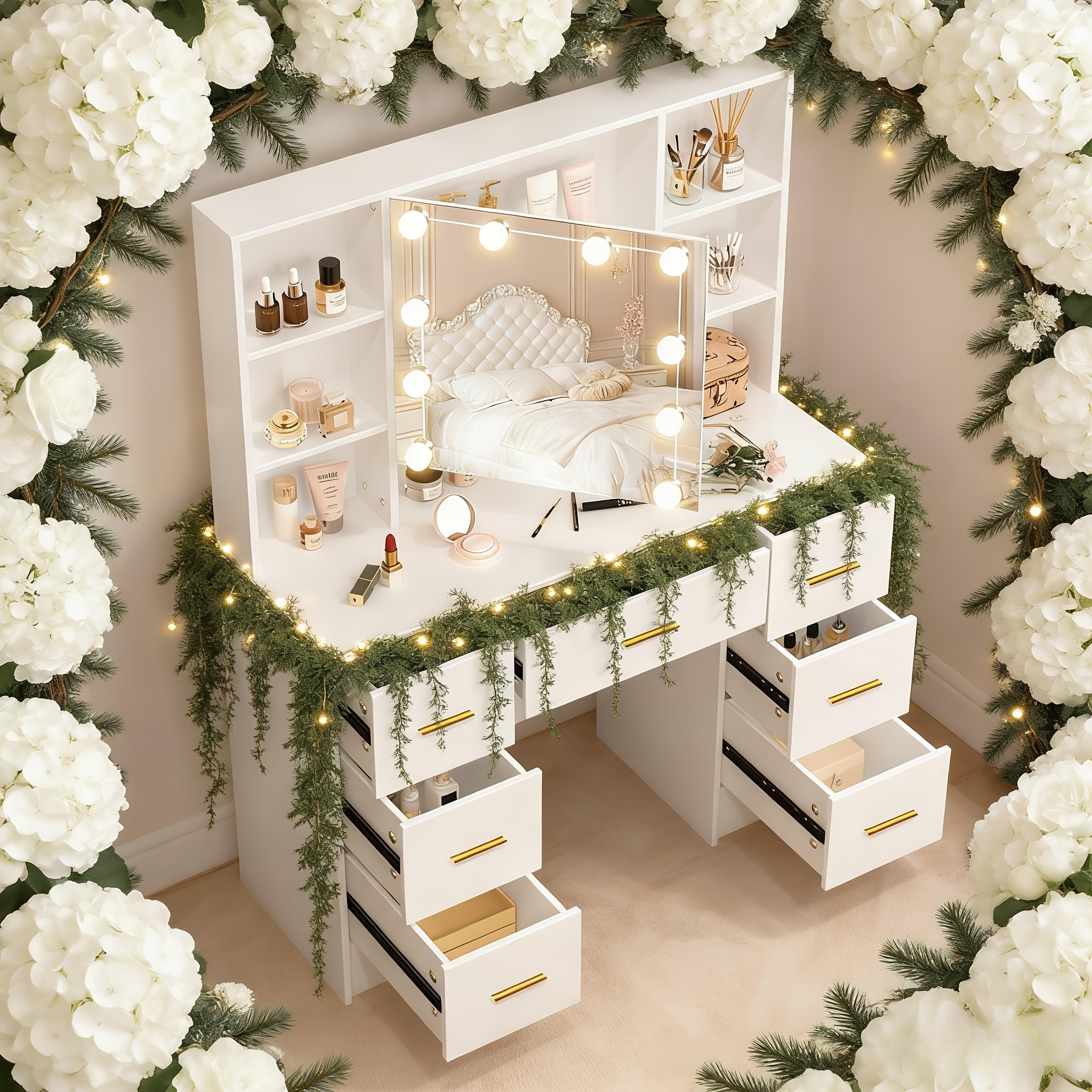 Makeup Vanity with Sliding Mirror and LED Lighting, 3 Modes