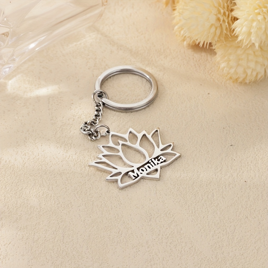 Custom Name Key Chain with Lotus Flower Design