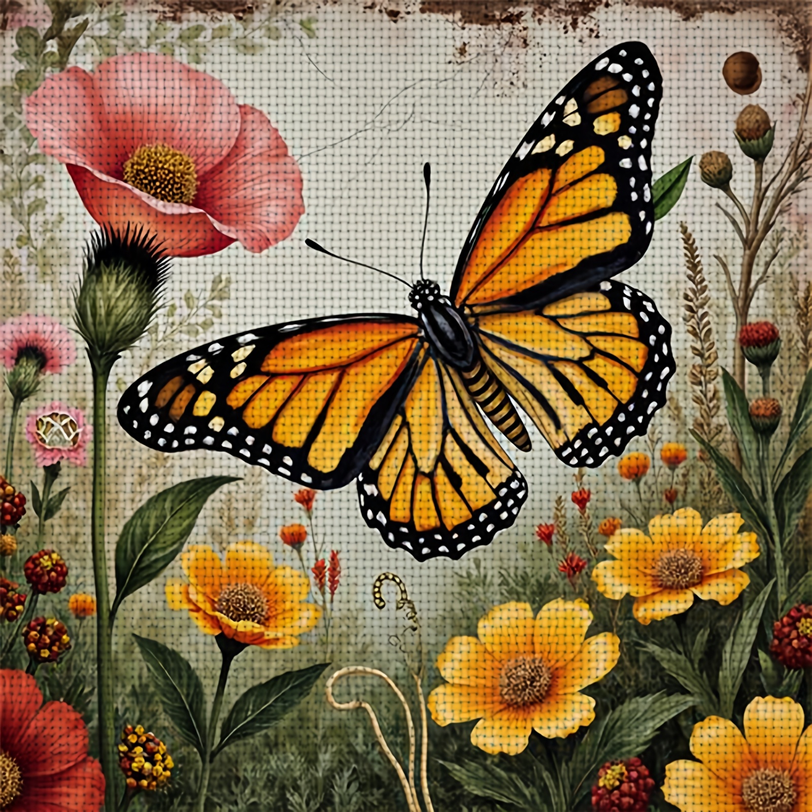 DIY Cross-stitch Printed Kit, Unframed, "Butterflies Among Flowers" Pattern