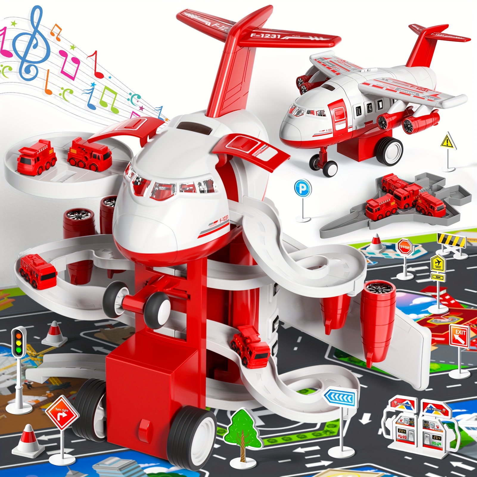 TEMU Jouets Avion pour Enfants Garçons, Parking de Garage avec 14 Panneaux Routiers, 4 Camions Pompiers et 1 Carte