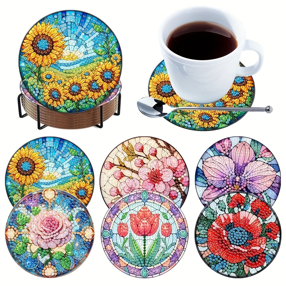 TEMU 6pcs Diamond Painting Kit With Stand, 7-color Flower Coasters Set, Sparkling Wooden Coasters Kit, Mosaic Handmade Bead Craft, Round Sparkling