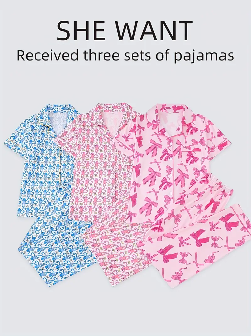 three sets of womens pajamas set womens pajamas set combination knitted fabric short sleeved button top and matching pants full body print collar and pocket details suitable for adult pajamas set Product details 0