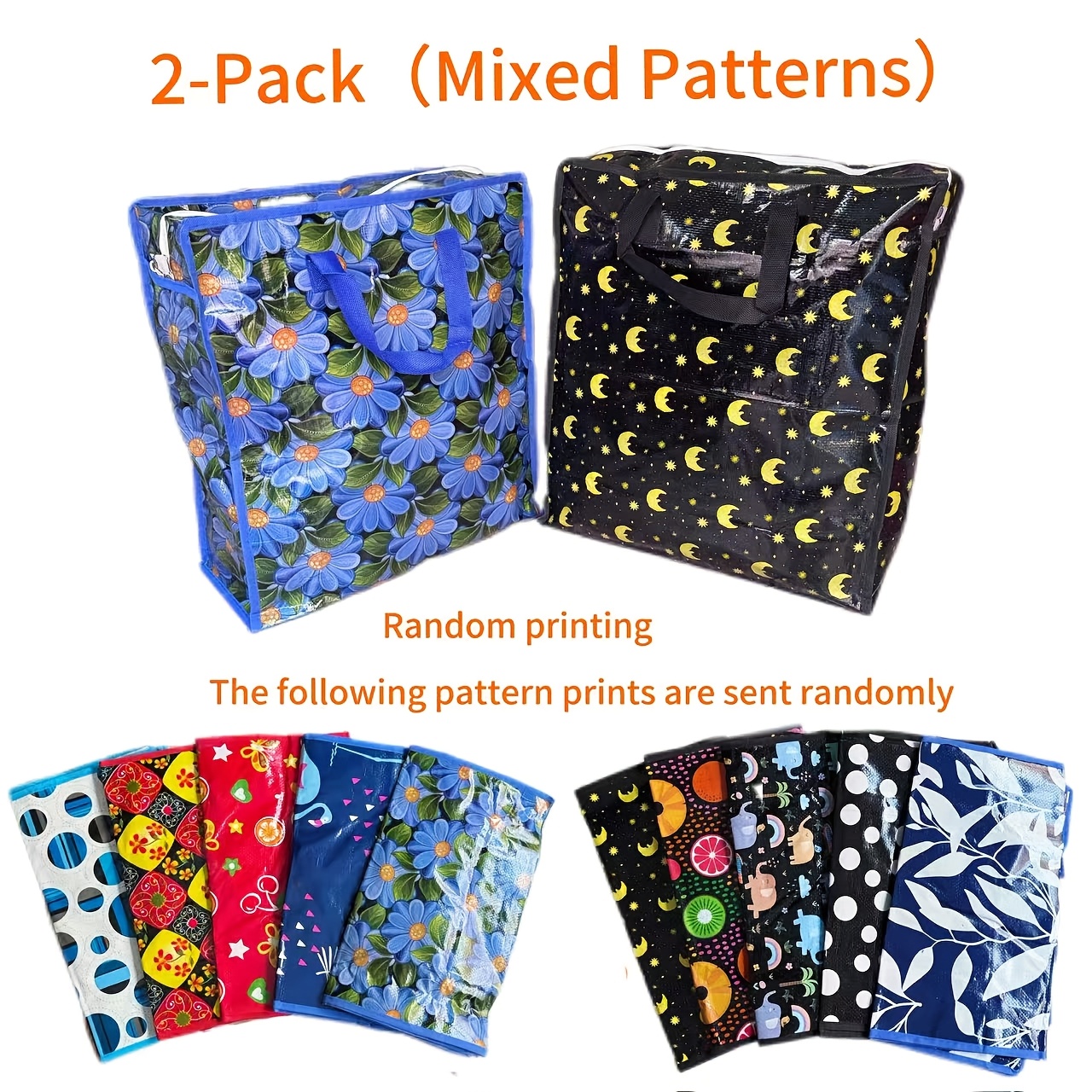 TEMU 2-pack Large Moving Storage Bags 40 X 45 X 17cm, Printed Fabric Organizer With Reinforced Handles, Foldable Clothes And Blanket Containers For