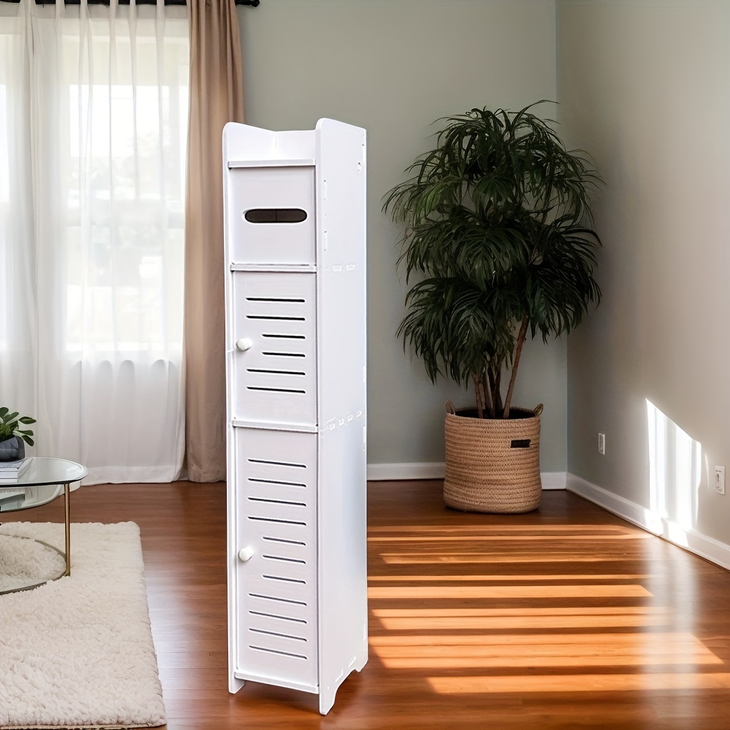 

Space-saving Bathroom Storage Cabinet - 30" Tall, 5.11" Wide, Pvc Material With 3 Shelves & Dual Doors For Toiletries And Tissues