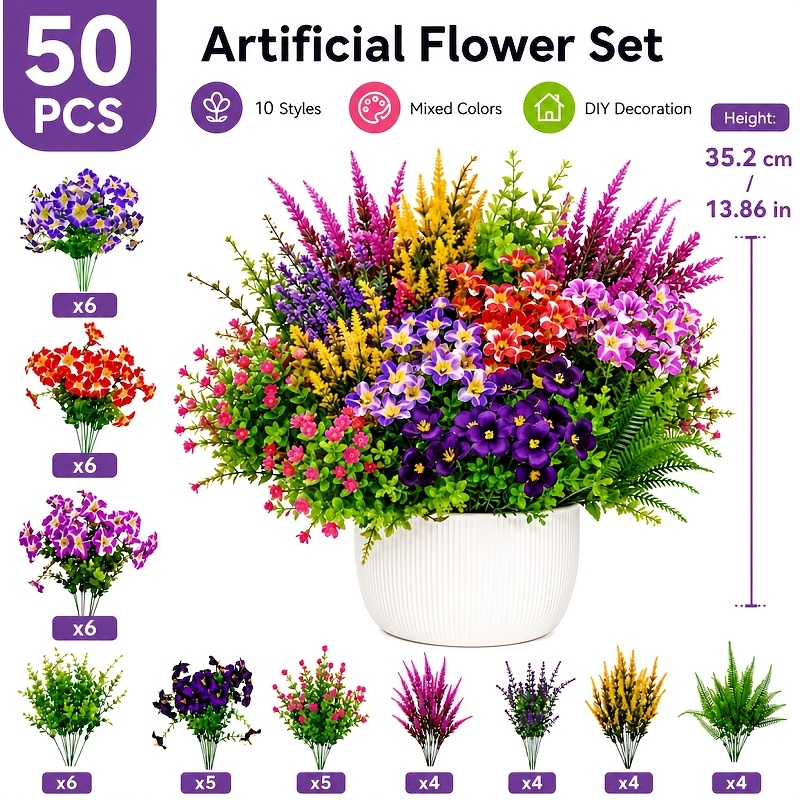 50pcs Elegant And Gorgeous Artificial Flowers, Including Violets, Camellias, Grass, Eucalyptus Leaves, Non-fading And Non-wilting, Long-lasting Display, With Uv Sunscreen
