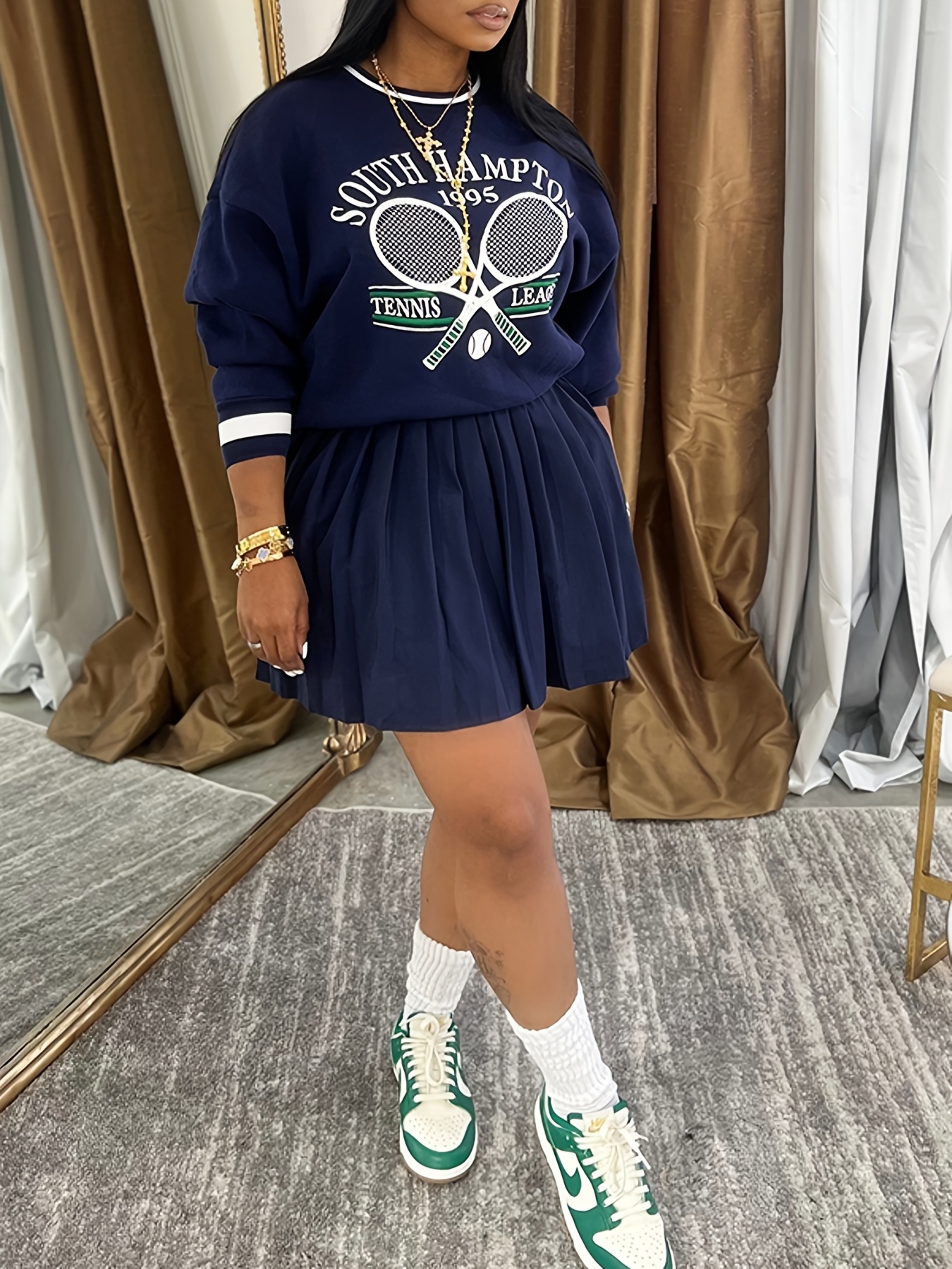 Printed Sweatshirt and Pleated Skirt Two-Piece Set