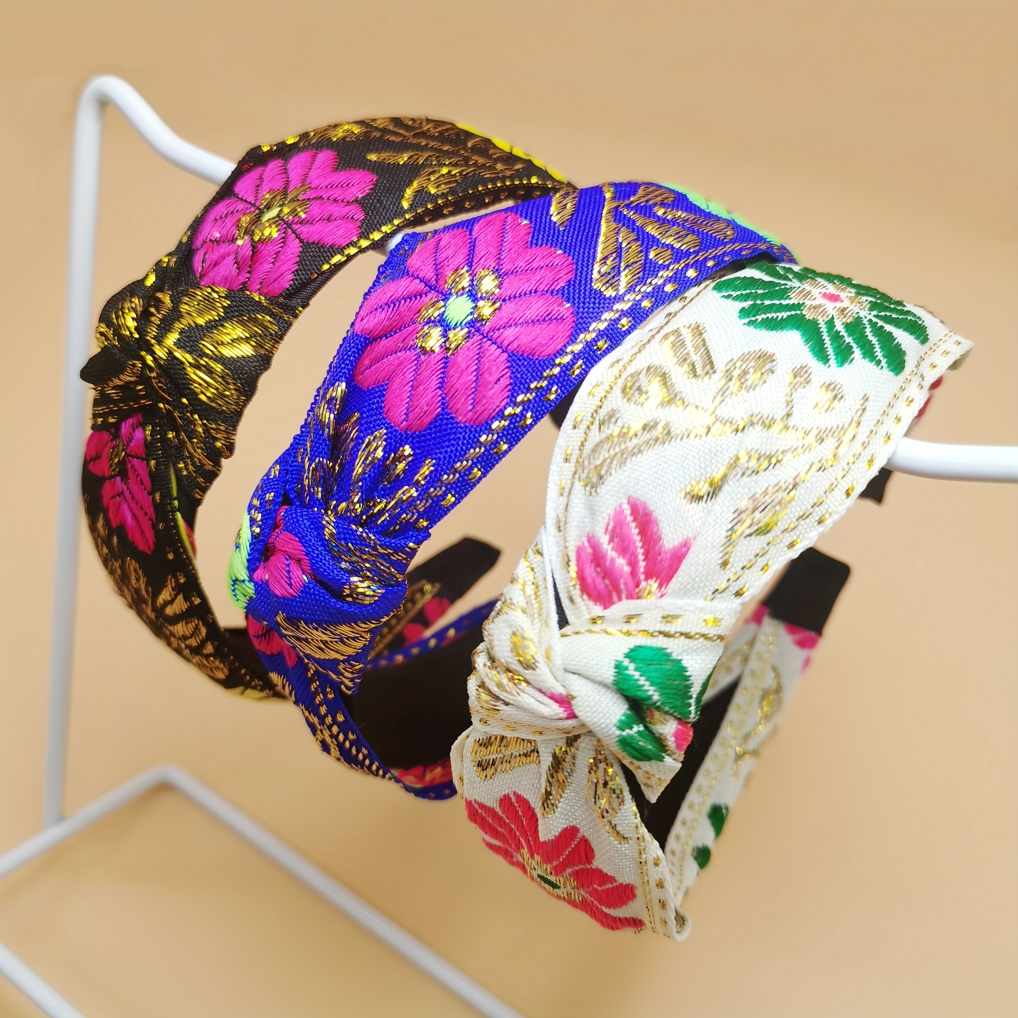 TEMU 3pcs Bohemian Floral Embroidered Headbands With & Knot Detail - Colorful Ethnic Style Hair Accessories For Women, Metallic Accents, Wear For