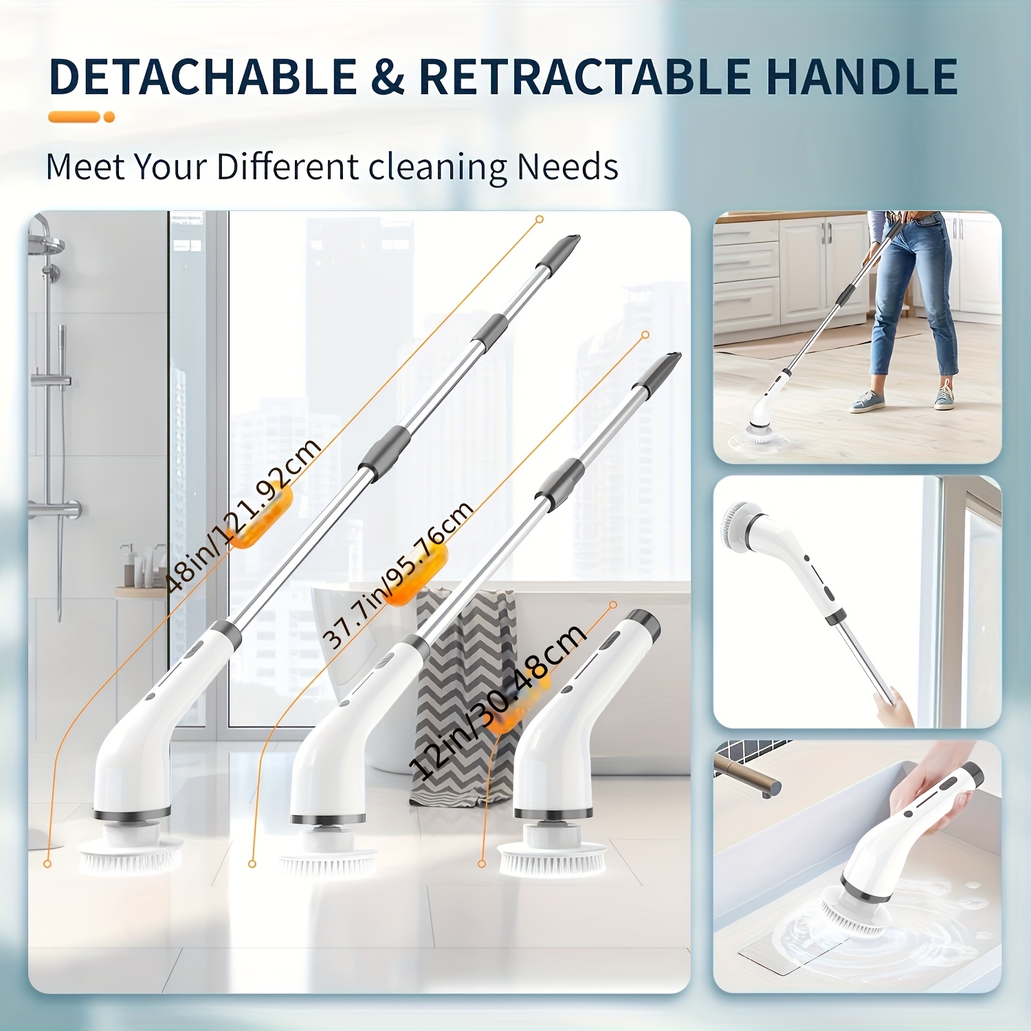 2026 electric spin scrubber dual adjustable   cordless adjustable detachable handle 8 replaceable brush heads up to 300 400rpm for floor bathroom tub tile Product details 6